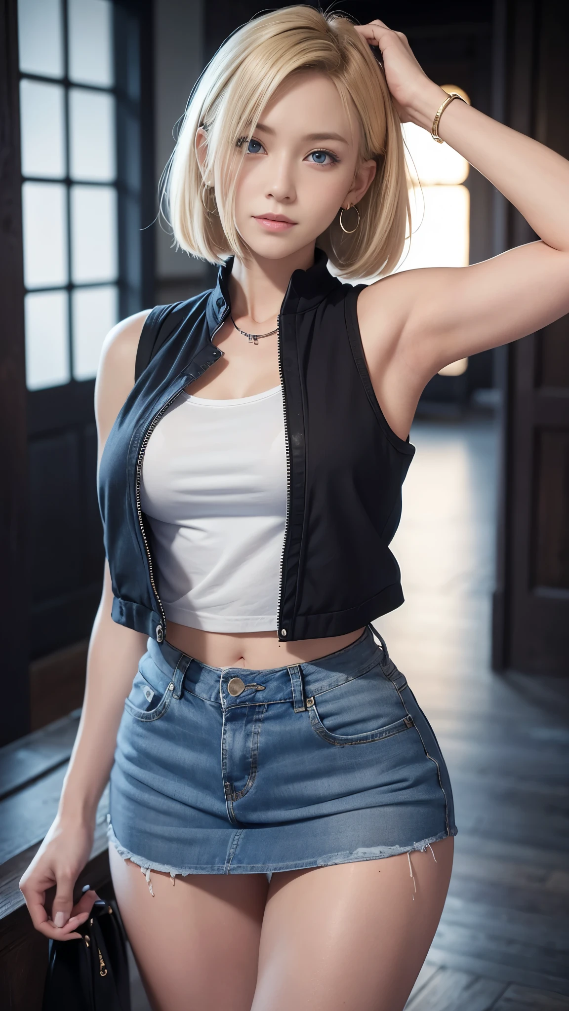 highest quality, High resolution, AND18, 1 girl, android 18, alone, blonde hair, blue eyes, short hair, cute smile,earrings, jewelry, denim dress, open vest, black sports bra, jeans miniskirt, blue mini skirt, small breasts, cowboy shot, she is wearing black short boots,street, (external expansion chest: 1.2),