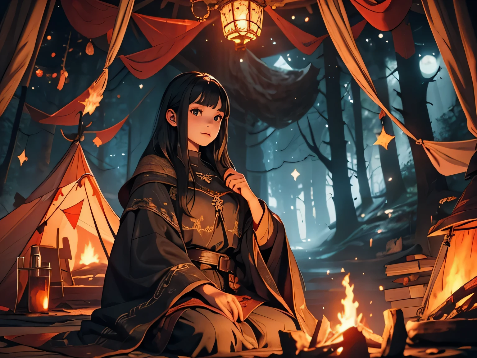 A young girl with long black hair in traveler's clothes, at night with a campfire, medieval theme, illuminated by the flickering flames and soft moonlight, detailed tent in the background, mysterious forest surroundings.