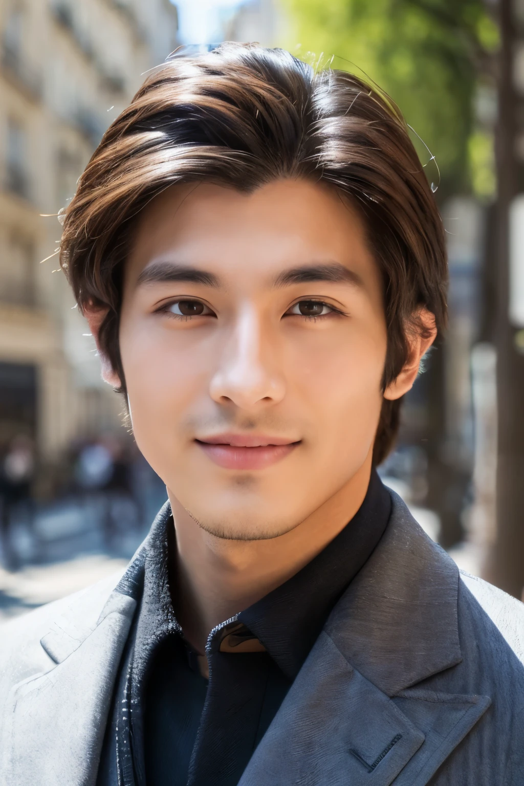 25 year old male、tv presenter. ((最high quality、masterpiece、realistic:1.4、In 8K))、well-groomed face、Eye and face details、Super detailed、high detail、high quality、High resolution、（(looking at the viewer:1.3)）、detailed mouth、sunlight、Paris city center、((facing forward:1.3))
