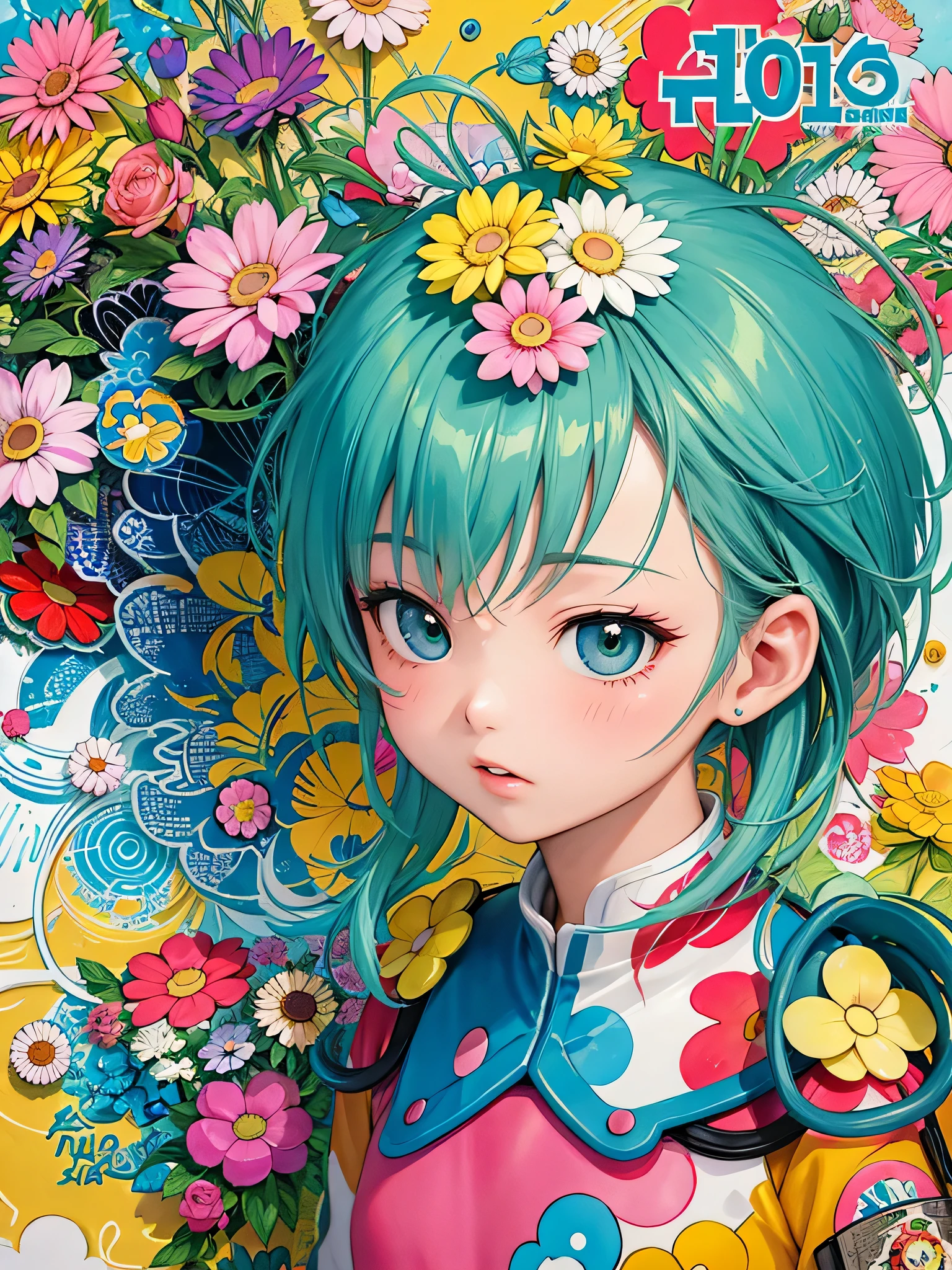akira toriyama style、8K quality, Takashi murakami'illustration of, intense watercolor, watercolor detailed art, watercolor splash, surreal, avant-garde pop art, Beautiful and expressive paintings, beautiful artwork illustration of, very colorful tones, wonderful, cool beauty, highest quality,official art, vector art,stylish design, ((most beautiful girl ever))), (((highest quality))), HDR, ((Detailed details)), (((graffiti art))), ((masterpiece))、((Super detailed))、(((colorful flowers)))、(((Futuristic cityscape)))