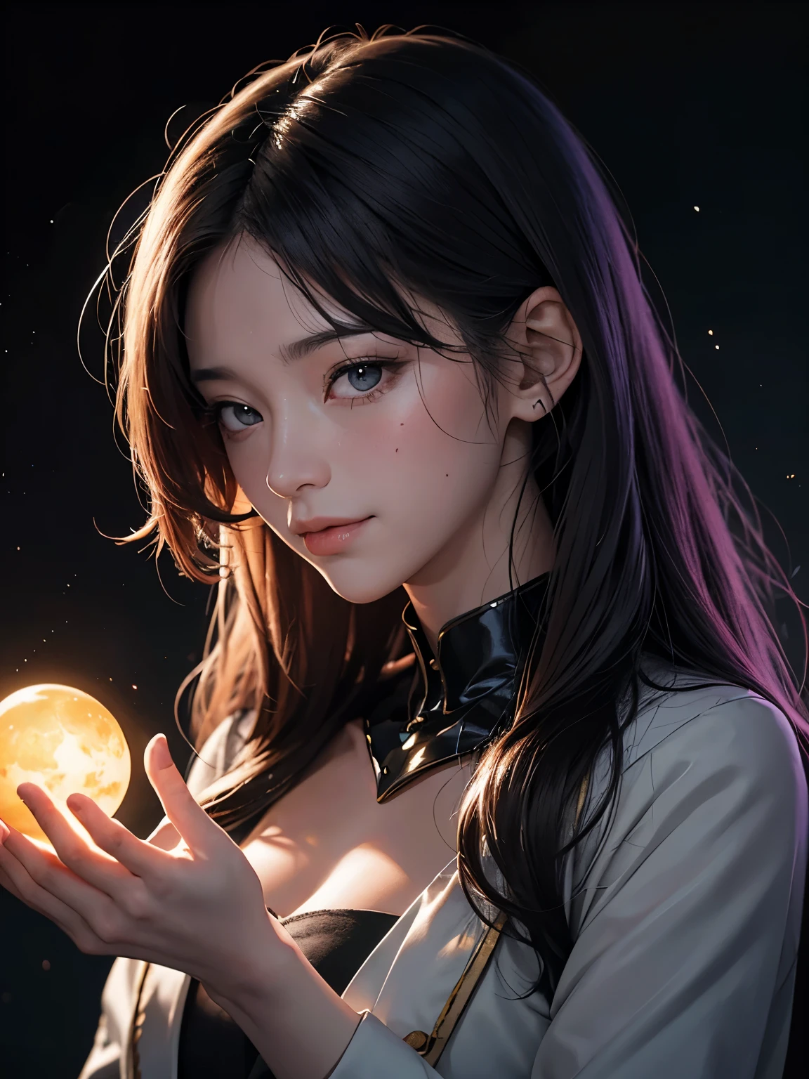 Takaya Katsuragawa, Georges De La Tour, Surreal, mysterious, strange, fantastical, fantasy, Sci-fi, Japanese anime, looking at the broken world from orbit, strange dystopia, hatching planet, cyborg beautiful girl, perfect voluminous body, detailed masterpiece hand colour drawings Hyper realistic sharp focus cinematic lighting depth of field coquettish looking at viewer embarrassing shy blushing happy