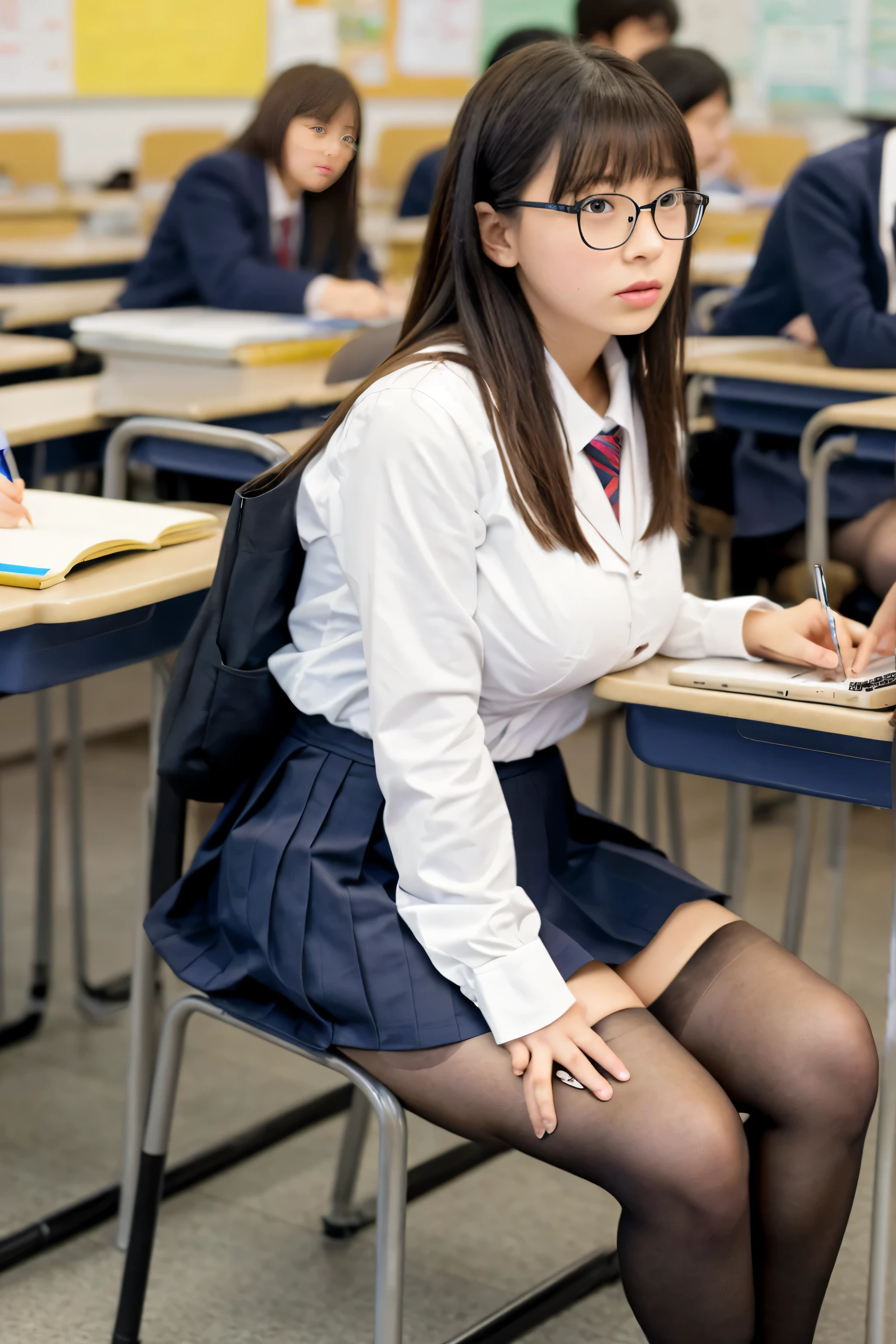 female student,thighs,tights,japanese uniform,short hair,skirt,sit,tie,big breasts,glasses,have a notebook and pencil、,Sit in a chair and take a class,