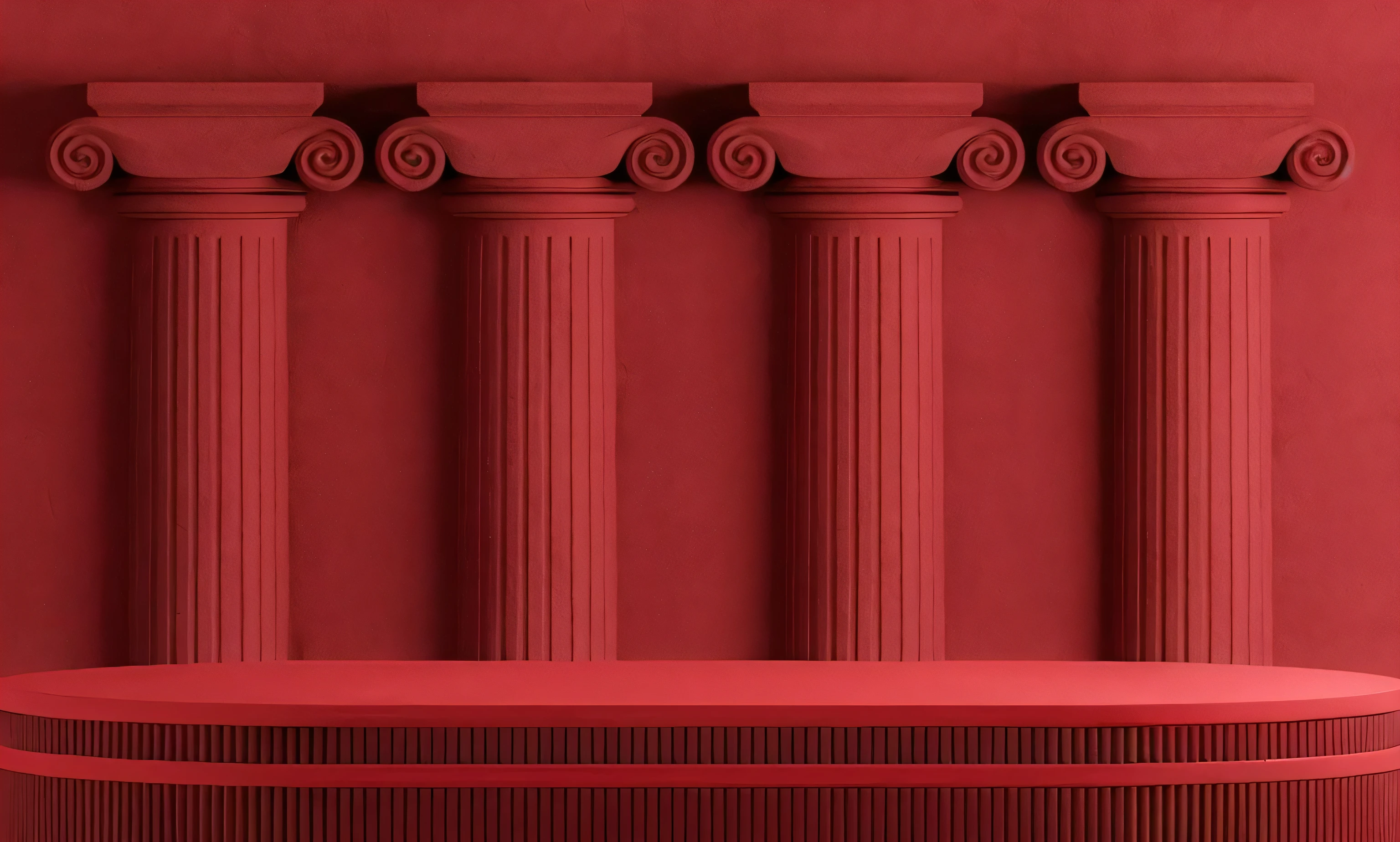 a red stage with three columns and a red wall, adorned pillars, pillars, columns, red wall, greek temple background, fine details. red, archs and columns, red color theme, roman pillars, red color scheme, large pillars, red building, marble columns in background, dominating red color, roman columns, tall columns, classical architecture, many columns