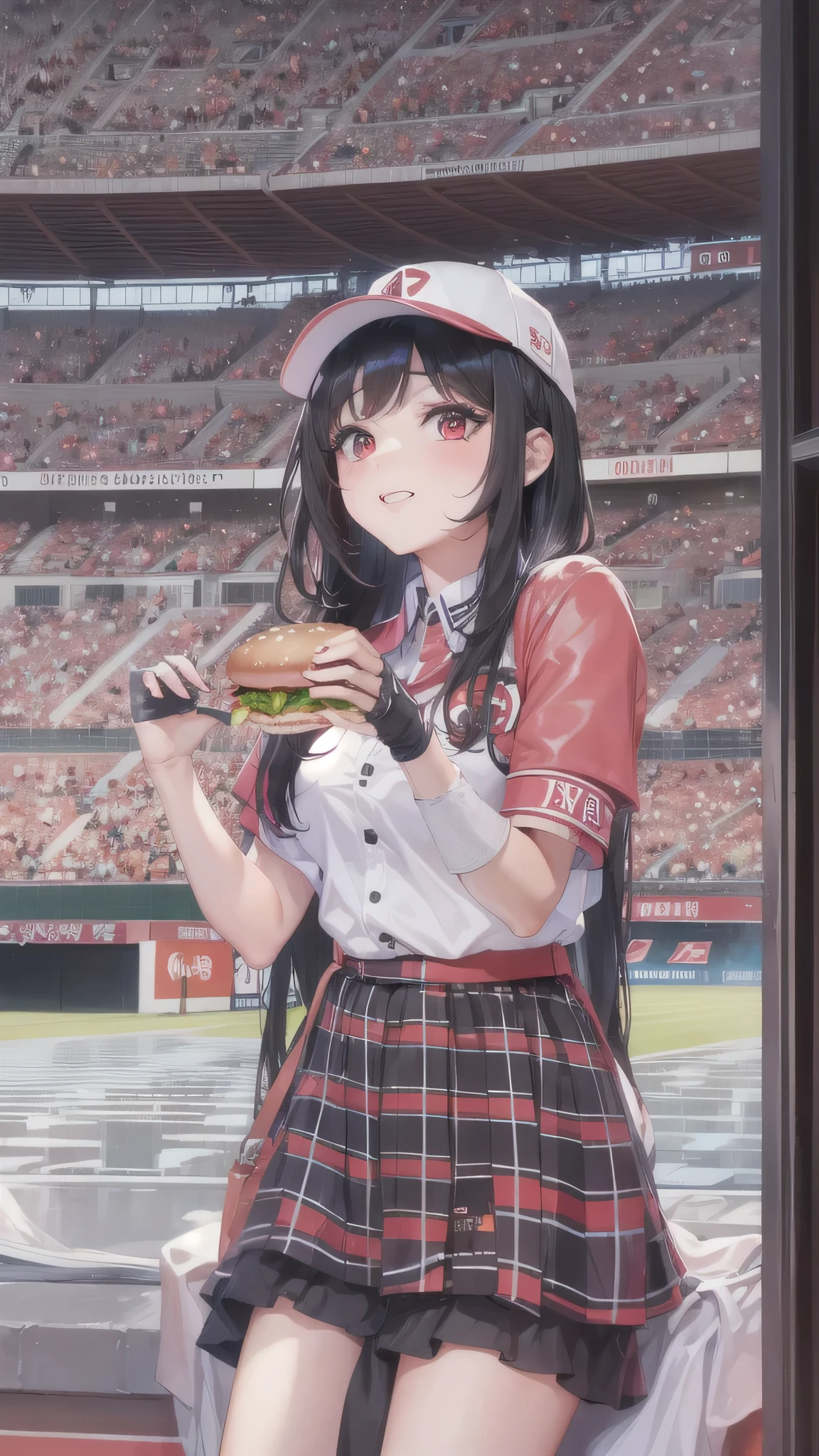perfect anatomy, masterpiece:1.4, best quality, 8k, (in the Fukuoka Dome Stadium), break, (sit down on Audience seats) ((Eating a hamburger)) (a straight black hair long hair femdom cute girl, 17 yo, detailed red eyes, enjoy face, bigboobs), break, in a casual suit, baseball hat.