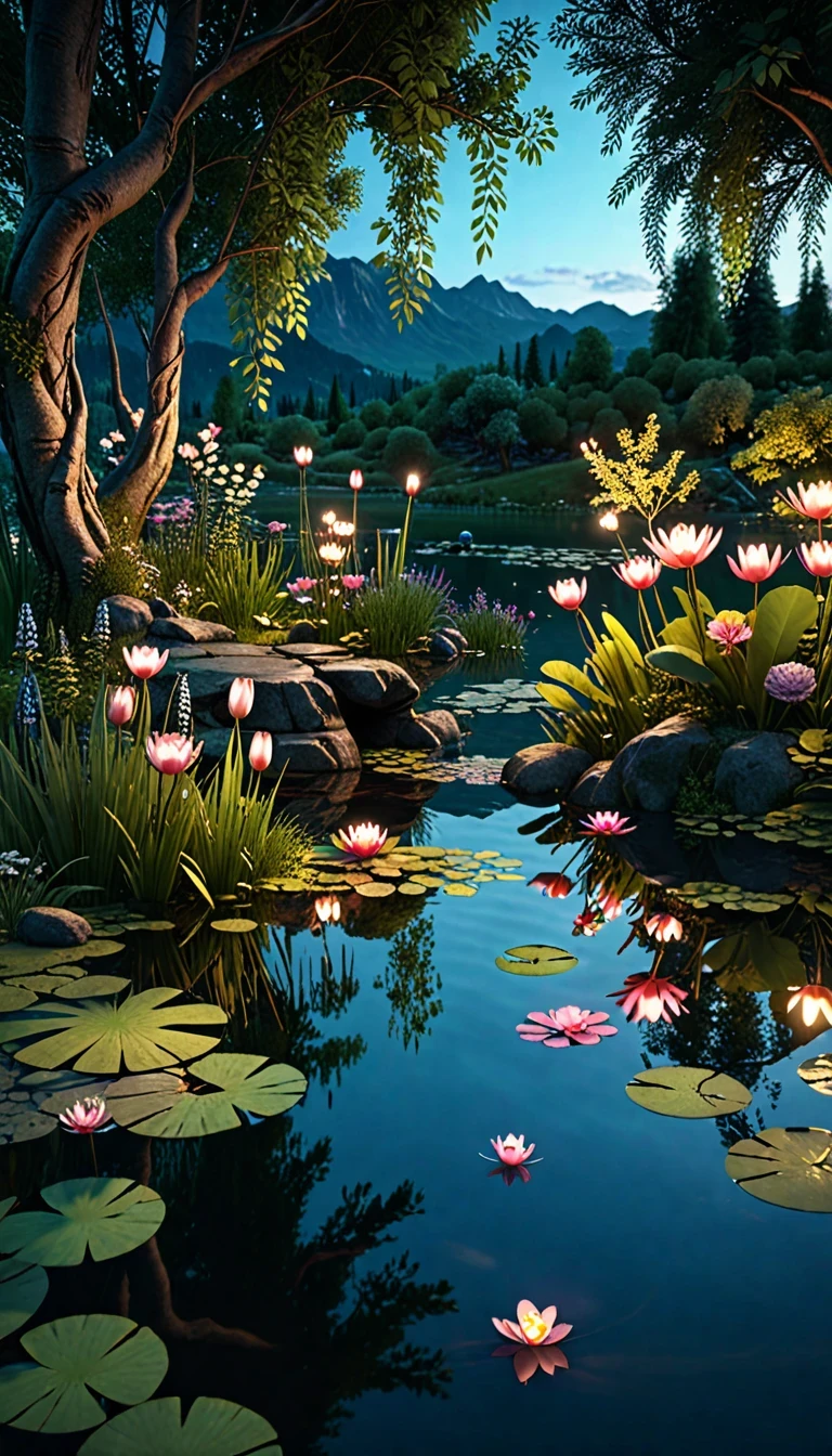 masterpiece, best quality, extremely detailed CG unity 8k wallpaper, a magical pond in the evening, finely detailed, cinematic lighting, highres, 12k