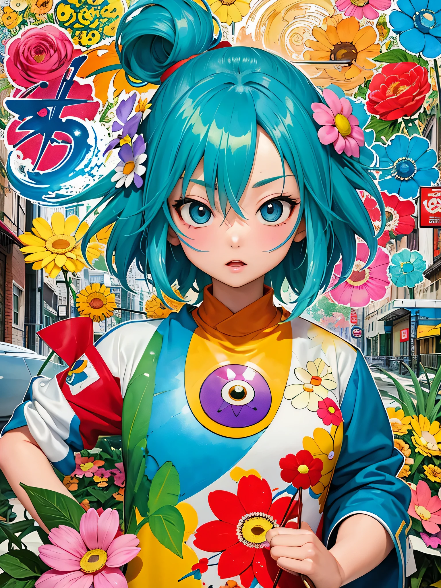 akira toriyama style、8K quality, Takashi murakami'illustration of, intense watercolor, watercolor detailed art, watercolor splash, surreal, avant-garde pop art, Beautiful and expressive paintings, beautiful artwork illustration of, very colorful tones, wonderful, cool beauty, highest quality,official art, vector art,stylish design, ((most beautiful girl ever))), (((highest quality))), HDR, ((Detailed details)), (((graffiti art))), ((masterpiece))、((Super detailed))、(((colorful flowers)))、(((Streets of the city of the future)))