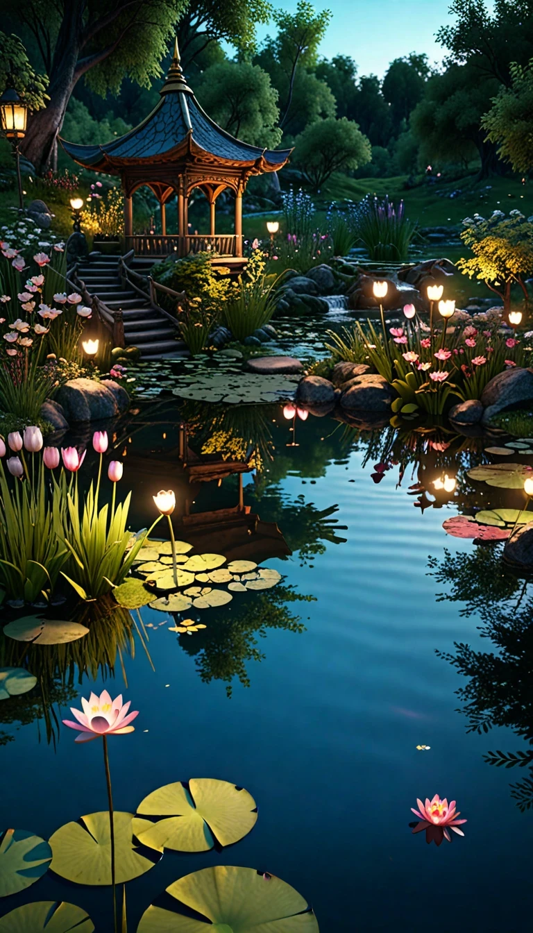 masterpiece, best quality, extremely detailed CG unity 8k wallpaper, a magical pond in the evening, finely detailed, cinematic lighting, highres, 12k
