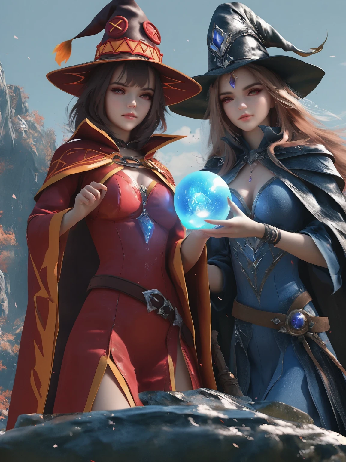 diy5，Highest quality, ultra-high definition, masterpieces, 8k, realistic, anime styled, 3d render，anime, two girls in hats and capes holding a crystal ball, mages, half invoker half megumin, beautiful celestial mage, anime in fantasy style, anime fantasy illustration, anime fantasy artwork, fantasy art style, fantasy mage, sorcerer magic witch, mage duel, young wizard, wlop and sakimichan, beautiful wizard