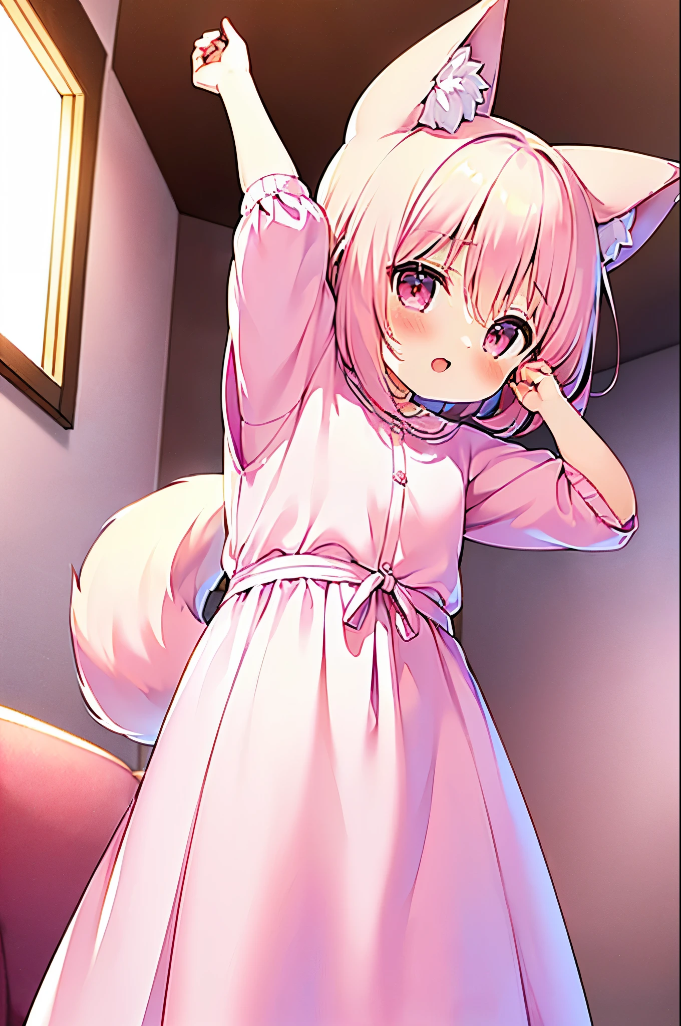 (((masterpiece))), (((最high quality))), (((high quality))), (((beautiful))), (((8K))), (((High resolution)) (((超High resolution))), (((High resolution))), (pink short hair:1.3), (Pink fox tail:1.4), (Pink fox tail:1.2), pink fox ears and white tips, (pink eyes), (theme color pink:1.4), small breasts, (Wear a pink fox costume:1.5), (cowboy shot:1.3), (laughing), (living room:1.4), (From the side:1.2), (from below:1.3), (put your hands behind your head:1.4)