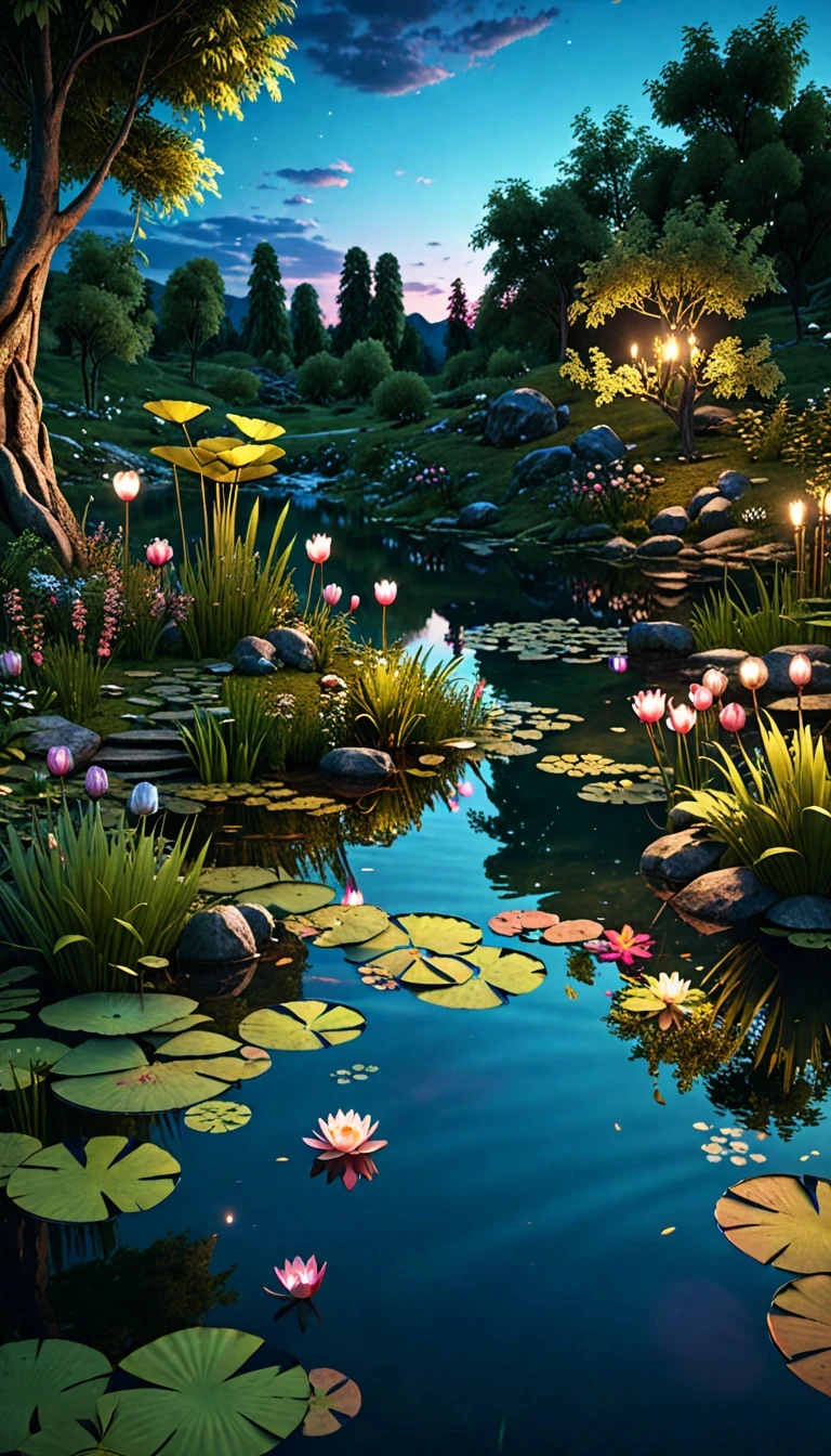 masterpiece, best quality, extremely detailed CG unity 8k wallpaper, a magical pond in the evening, finely detailed, cinematic lighting, highres, 12k
