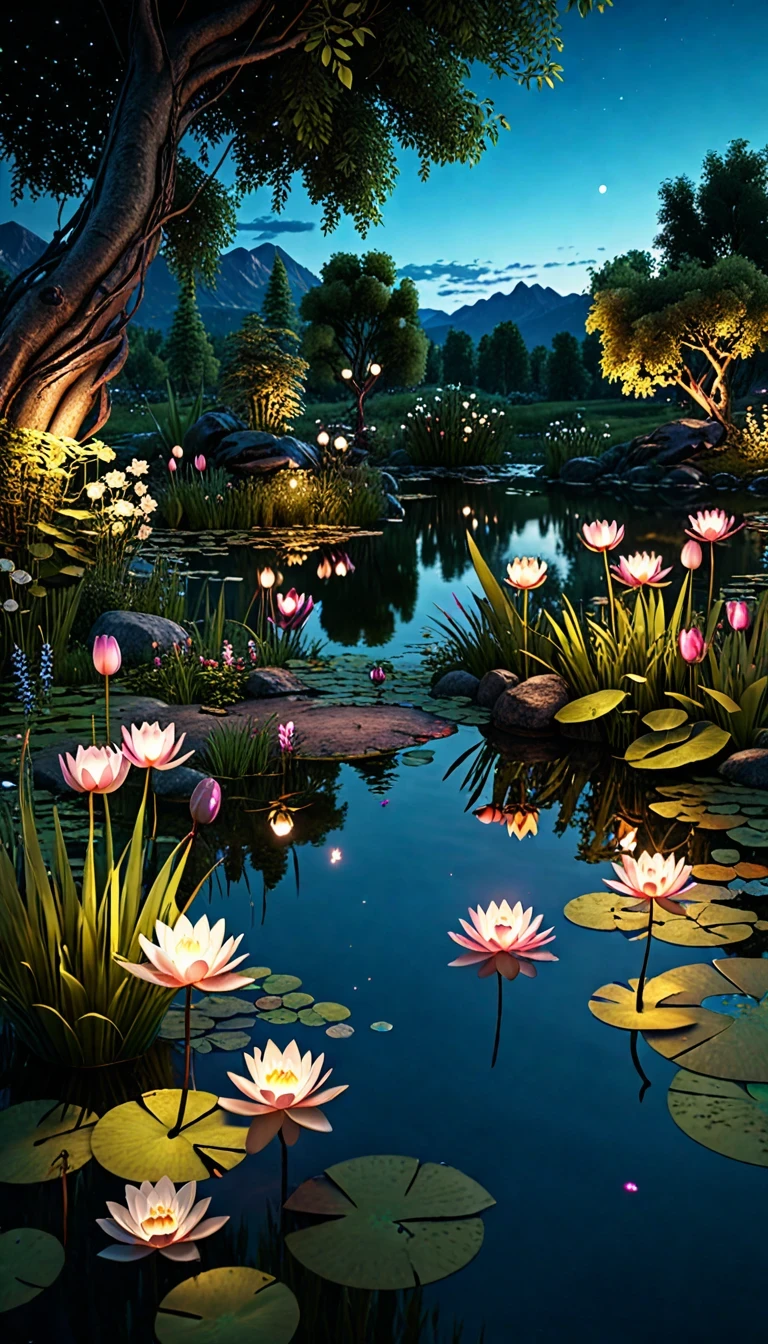 masterpiece, best quality, extremely detailed CG unity 8k wallpaper, a magical pond in the evening, finely detailed, cinematic lighting, highres, 12k
