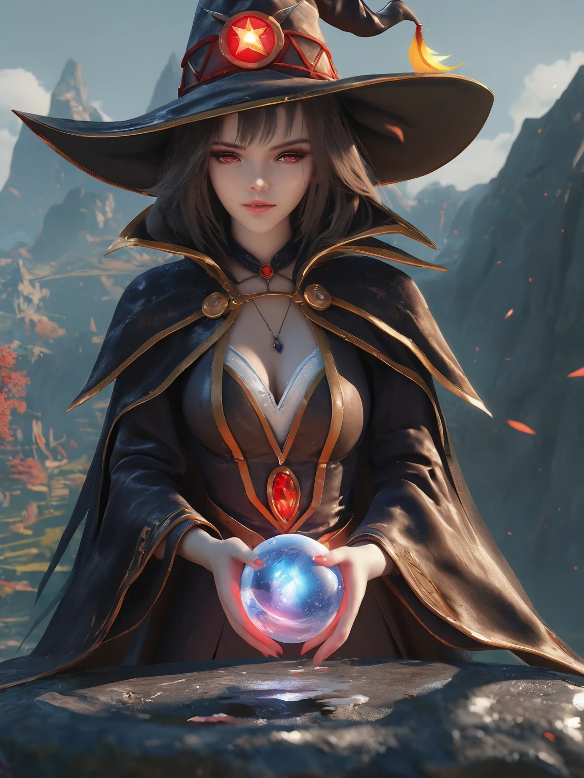 diy5，Highest quality, ultra-high definition, masterpieces, 8k, realistic, anime styled, 3d render，anime, two girls in hats and capes holding a crystal ball, mages, half invoker half megumin, beautiful celestial mage, anime in fantasy style, anime fantasy illustration, anime fantasy artwork, fantasy art style, fantasy mage, sorcerer magic witch, mage duel, young wizard, wlop and sakimichan, beautiful wizard