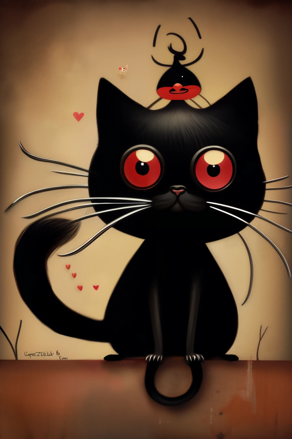 retro style black cat, 2Year、short hair、 punk, Happy, Optimistic, don hertzfeldt, Hieronymus Bosch, Gabriel Pacheco、cute、Charm that people like