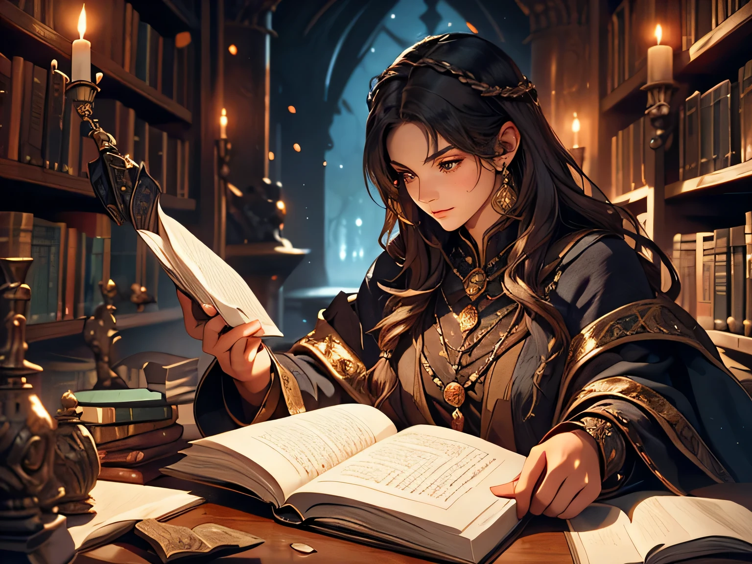 A young sorceress with flowing obsidian locks, engrossed in deciphering ancient scrolls and manuscripts in a dimly lit medieval library. Richly textured, detailed illustration, mystical ambiance, ornate robes, vintage candlelight casting ethereal shadows and highlights 