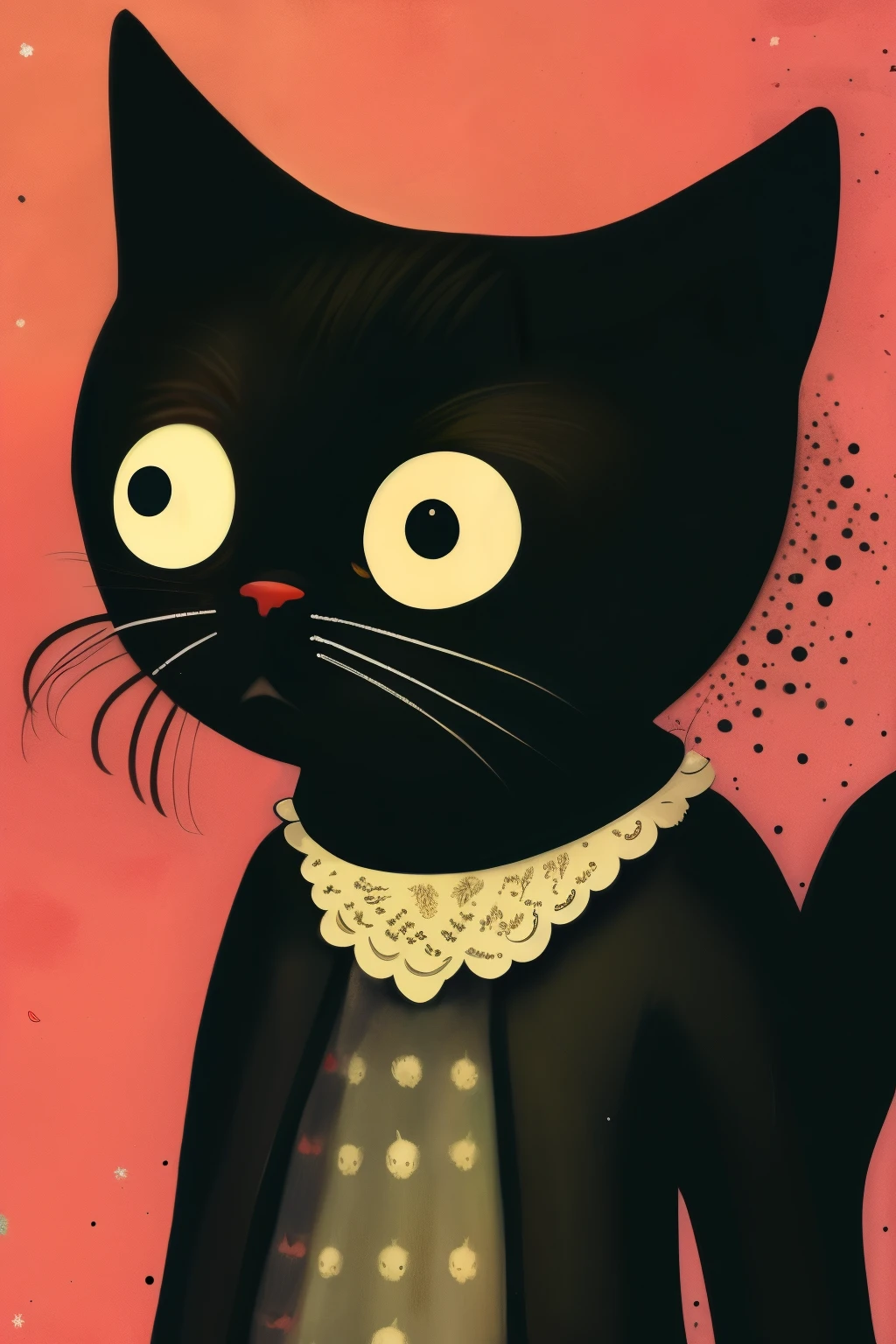 retro style black cat, ２Year、short hair、 punk, Happy, Optimistic, don hertzfeldt, Hieronymus Bosch, Gabriel Pacheco、cute、Charm that people like