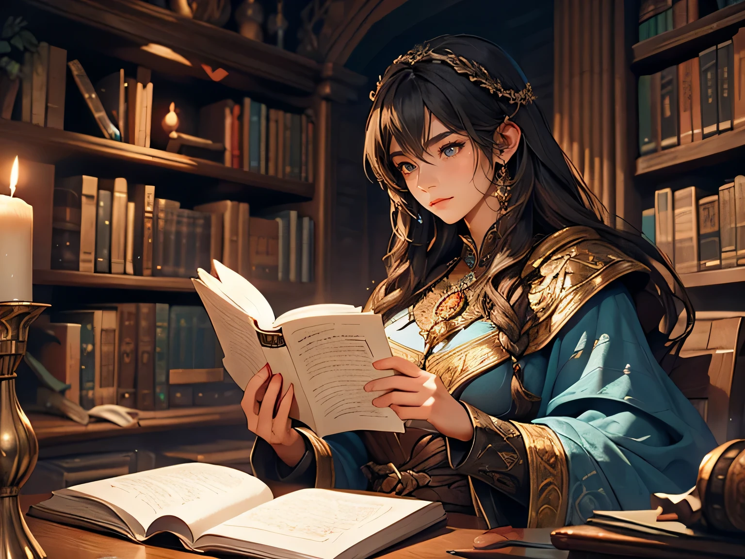 A young sorceress with flowing obsidian locks, engrossed in deciphering ancient scrolls and manuscripts in a dimly lit medieval library. Richly textured, detailed illustration, mystical ambiance, ornate robes, vintage candlelight casting ethereal shadows and highlights