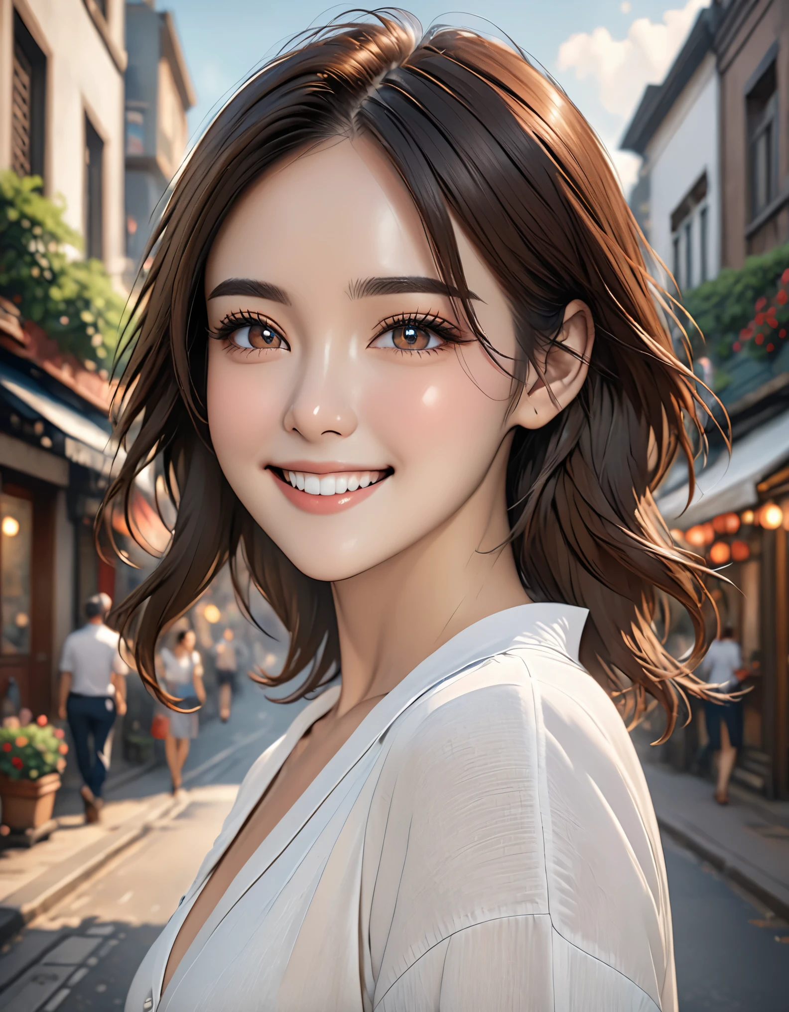original photo, camera stare, ((top quality, 8K, masterpiece: 1.3)), sharp focus: 1.2, White shirt, nifty features, best smile, Lovely smile, Beautiful woman with perfect style: 1.4, slim abs: 1.2, Dark brown hair, (Natural light, city street: 1.1), Highly detailed facial and skin textures, delicate eyes, double eyelids