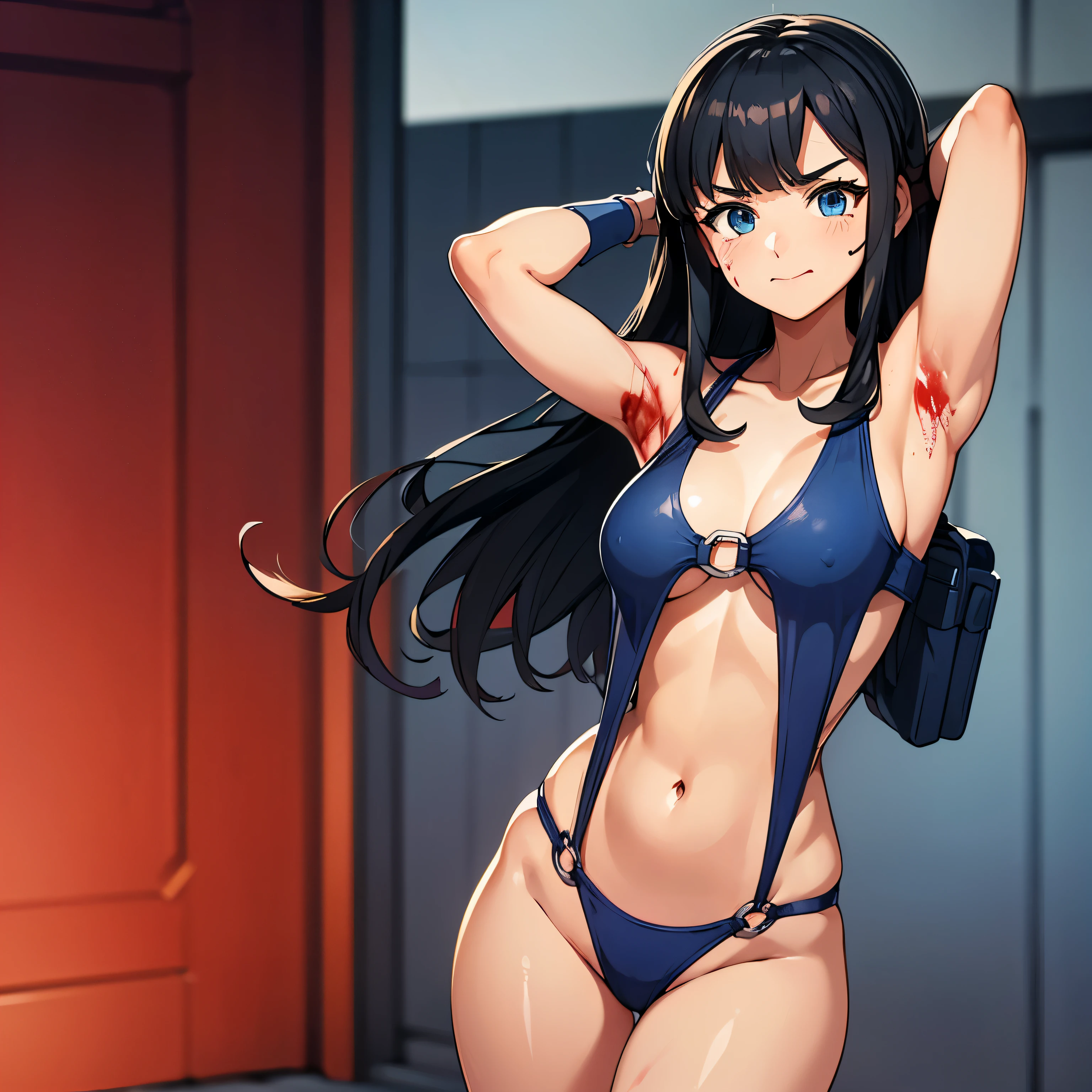 (((pixel-perfect, detail-perfect))), solo, 1girl, hair ornaments, long hair, black hair, blue eyes, medium chest, akebi komichi, Imperial Guard Combat Uniform Swimsuit, o-ring bikini, v gundam, swimsuit, absurdres, highres, solo, cowboy shot, 1girl, neneka nibrou \(cosplay\), wristband, headphone, holster, backpack, holding gun, aiming, perfect hands, wind, medium breast, (((blood on clothes, blood on face))), arm up, arm behind head, show armpits, armpit