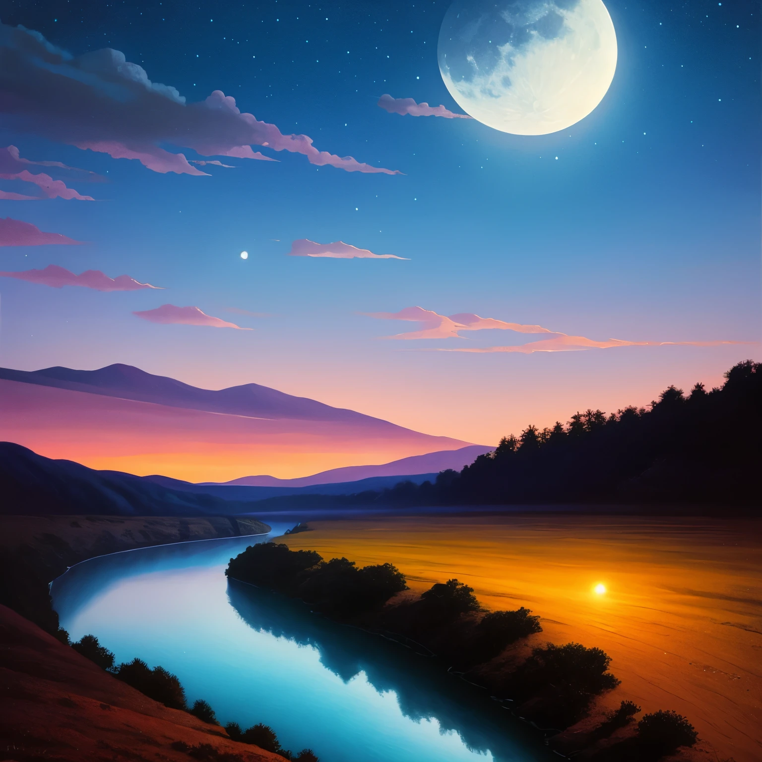 a painting of a river with a full moon in the sky, a matte painting by RHADS, deviantart, conceptual art, beautiful moonlight, beautiful moonlight night, beautiful moon light, stunning moonlight and shadows, night time moonlight, moonlit night, moonlit night dreamy atmosphere, dramatic moonlight, nighttime nature landscape, dramatic moonlit lighting, dramatic moonlight lighting