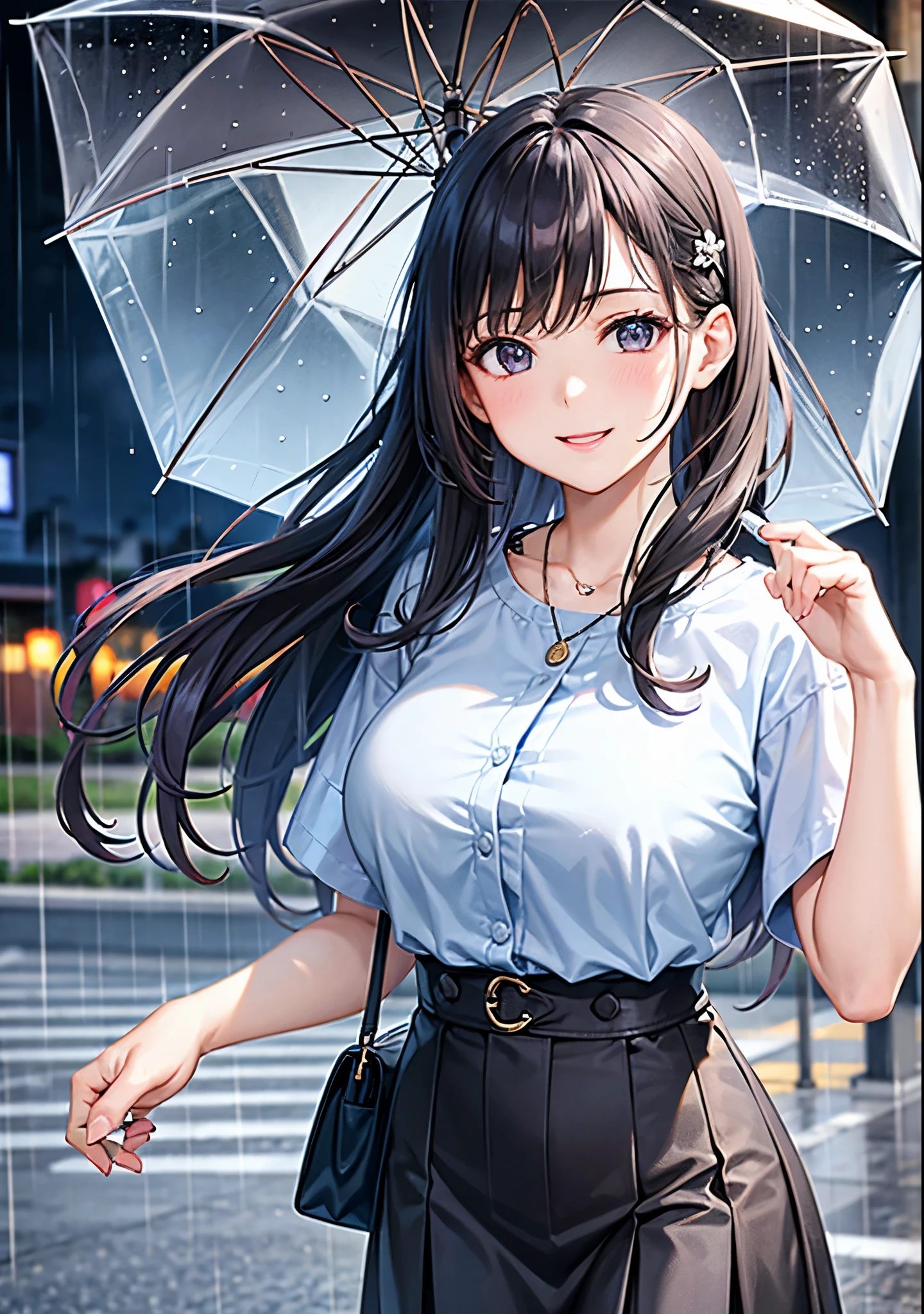 ((masterpiece, Best Quality, high resolution, 2D anime, 4K)), 20yo attractive female, Solo, pretty、cowboy shot、 ((long Wave Hair, Bangs, Brown hair)), ((slit eyes, Beautiful eyelashes, Realistic eyes)), ((natural makeup, watery lip, Detailed face, Blushing:1.2)), ((Smooth texture:0.75, Realistic texture:0.65, Photorealistic:1.1)), medium breasts, Perfect body, ((taking off unbuttoned casual clothes, see-through White business shirt, Black tight skirt、、bare foot:1.3)), bedroom without people、Sit on a couch、Lower angle, taking foot off、early evening、Very embarrassing smile、(Lift the skirt with your right hand、Open both legs、Open your knees wide、Light blue floral lace panties)、、(Cute floral bra)、Angle from below