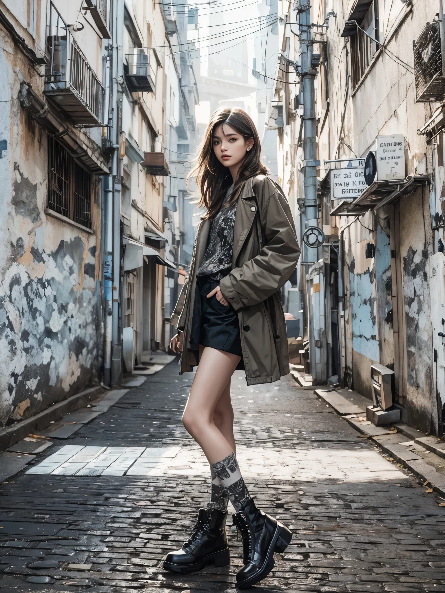 (Realistic, ultra detailed, beautiful, best quality:1.2), (arranged hairstyle:1.4), shiny hair, BREAK (all body shot:1.2), (standing, fashion model pose:1.2), (Detailed costume:1.4),(simple blurry background:1.4), (mist, fog:1.4), (lots of accessories), (The texture of super realistic clothes:1.2), Full body shot up to the toe, full body shot, cool NY fashion girl influenced by Nostalgic and Inorganic mode fashion, mode fashion by Monotone, Sophisticated mode fashion with street, An empty back alley with White and black Grafty art,