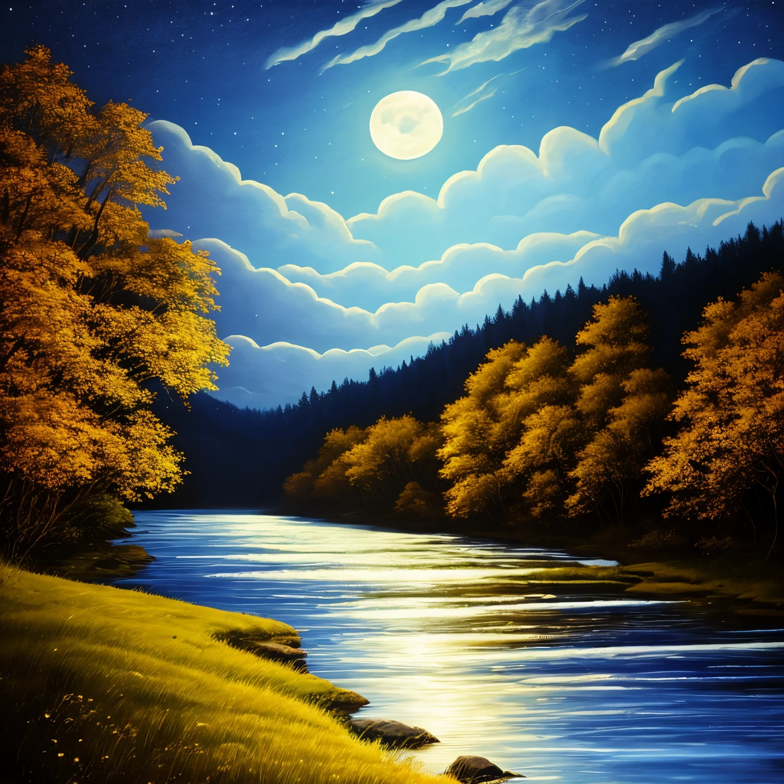 a painting of a river with a full moon in the sky, beautiful moonlight, beautiful moonlight night, beautiful moon light, stunning moonlight and shadows, night time moonlight, moonlit night, moonlit night dreamy atmosphere, dramatic moonlight, nighttime nature landscape, dramatic moonlit lighting, dramatic moonlight lighting, at night with dramatic moonlight, nighttime moonlit, beautifully lit landscape