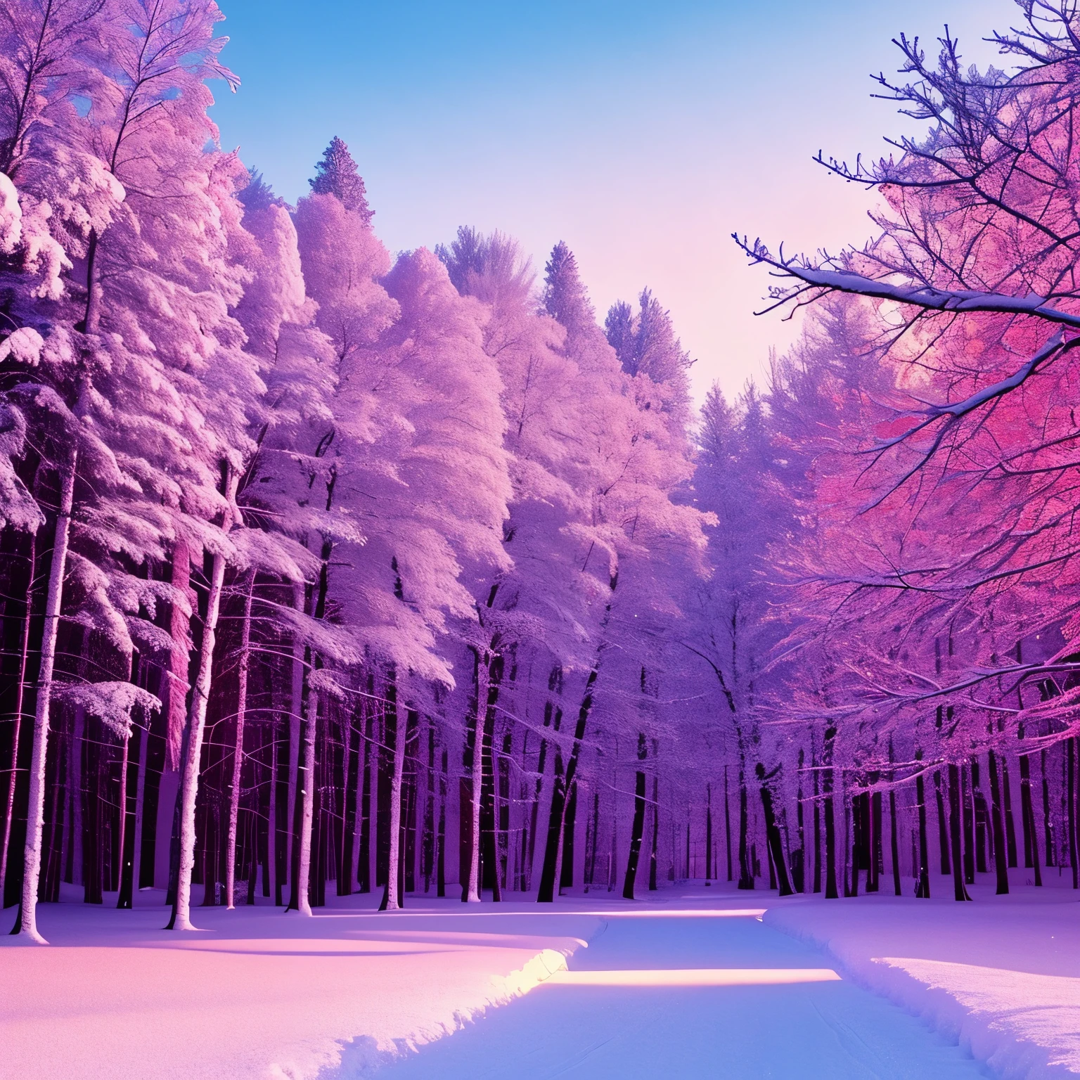 snowy trees line a path in a pink forest, a photo by Paul Monnier, tumblr, romanticism, extremely beautiful and ethereal, glowing snow, pink sunlight, cotton candy trees, dramatic pink light, pink trees, beautiful!!!!!!!!!, snowy winter, pink forest, beautiful winter area, snow glow, winter wonderland, warm beautiful scene, breathtaking colors, soft pink lights