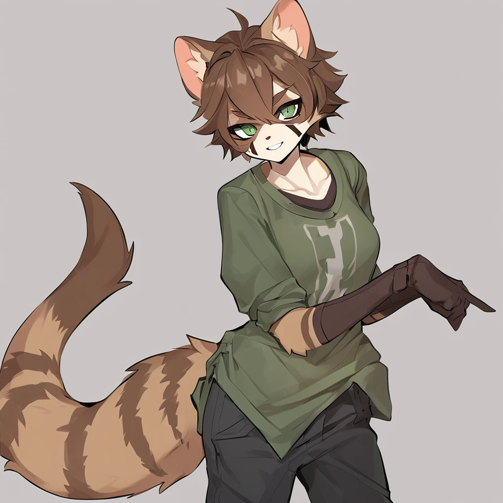 ferret monster girl tan fur with brown stripes brown short hair brown rectangle face tattoos deep green eyes long pointed brown ears tipped with tan fluffy tail with brown stripes dressed in a baggy shirt and pants and short brown gloves
