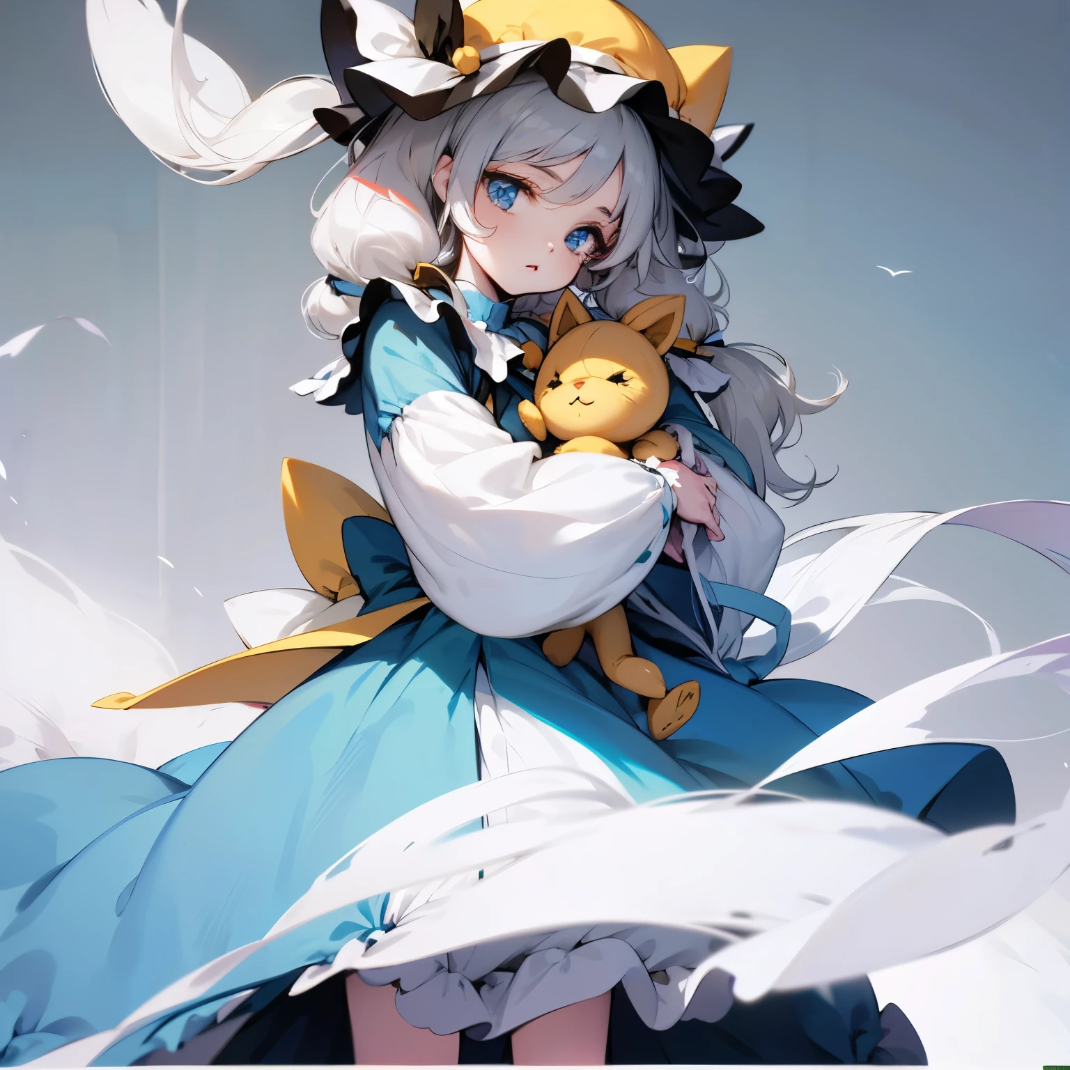 white girl with blue eyes, with white hair that has wavy pigtails, has a yellow teddy hat, a light blue dress, loose pink sleeves and in her hand she carries a stuffed white cat 