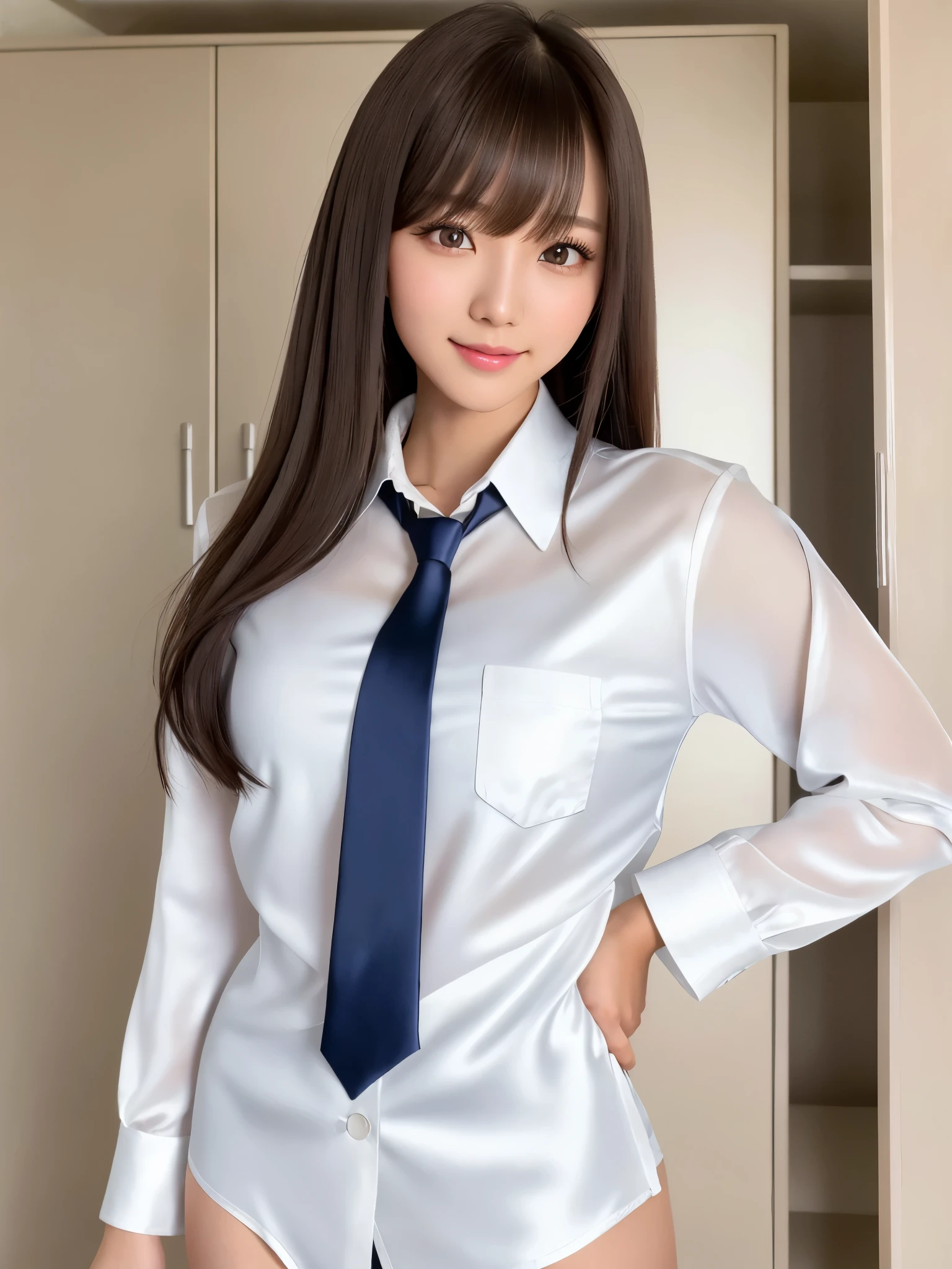 product quality, 1girl, upper body shot, front view, a Japanese young pretty girl, long bob hair, standing bent forward with a big smile in a high school locker room, glamorous figure, wearing a white collared shiny satin shirt of long sleeves over white silk panties, wearing a satin dark blue plain tie, hyper cute face, glossy lips, double eyelids in both eyes, natural makeup, long eyelashes, shiny smooth light brown long bob hair, asymmetrical bangs, a tanned skin, central image, high resolution, high detail, detailed hairstyle, detailed face, spectacular cinematic lighting, octane rendering, vibrant, hyper realistic, perfect limbs, perfect anatomy