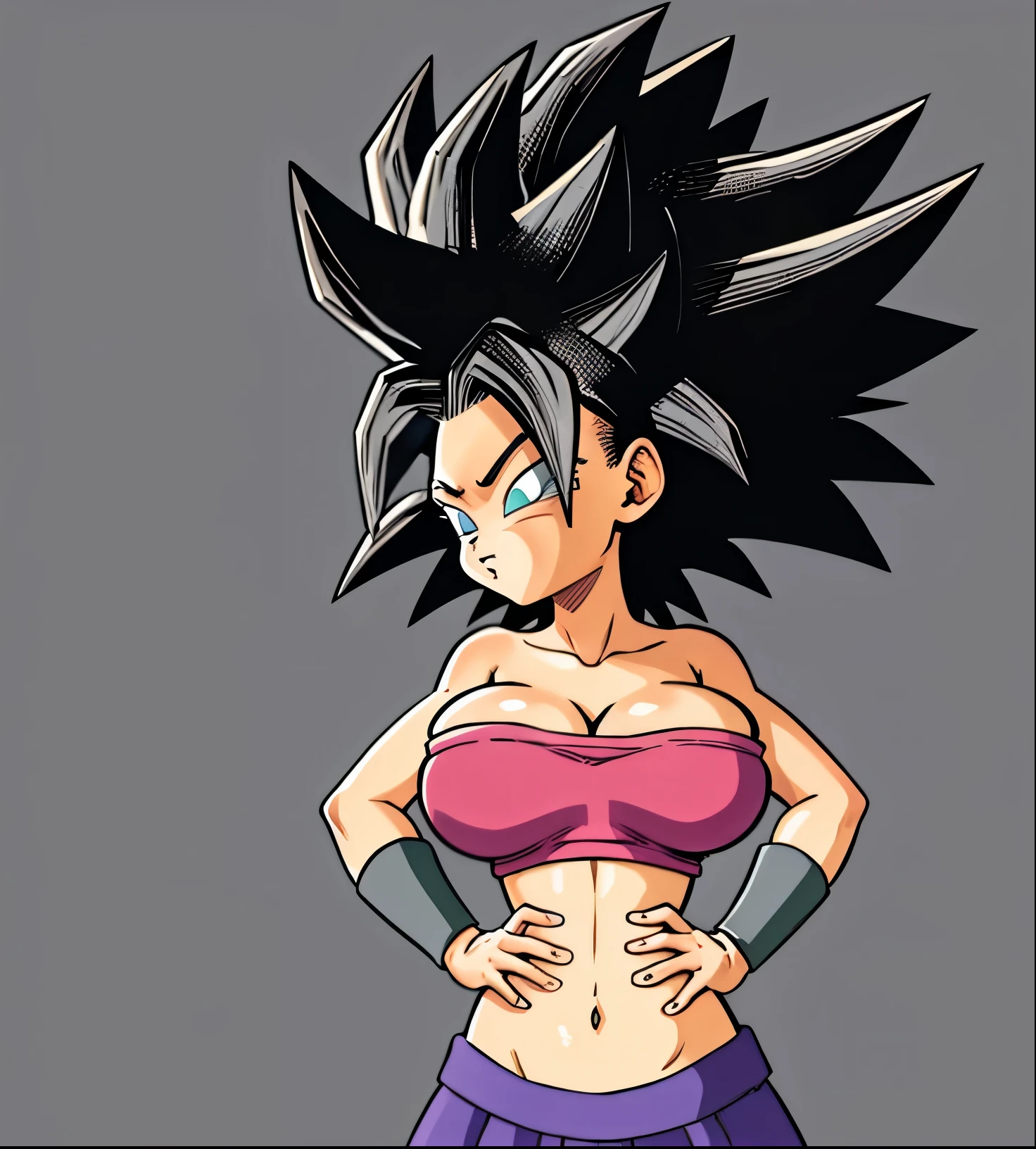 Master work, 4k resolucion,una caricatura de una mujer con un top rosa y una falda morada, chica saiyajin, goku femenino, pelo saiyajin negro puntiagudo salvaje, cell shadow adult animation, Estilo Akira Toriyama, inspirado en Akira Toriyama, pose rudo, cel - shading art style, akira toriyama, dragon ball art style, Dragon Ball Style, Cel sombreado!!!, caulifla from dragon ball super, huge breast, skinny body, [detailednipples], iris black, oppai breast, perfect drawing, perfect generating