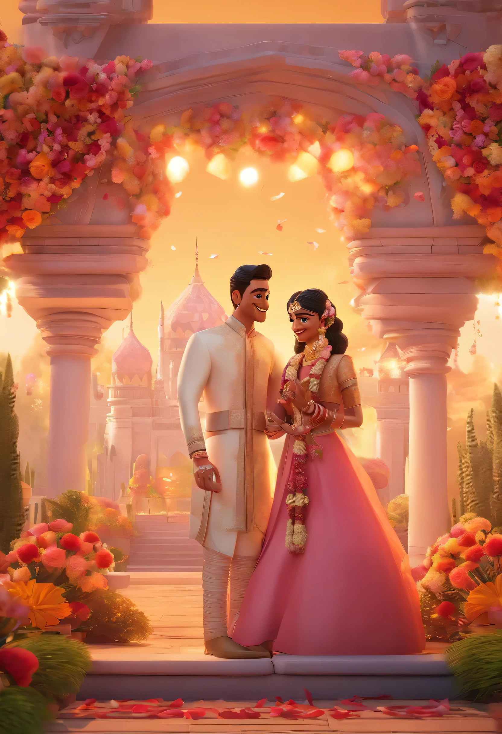 Disney pixar poster, indian wedding couple, 3D animations,Pixar, (best quality)(8k), 6ft tall groom, short bride, flower garlands on each of them. flower decorations in background