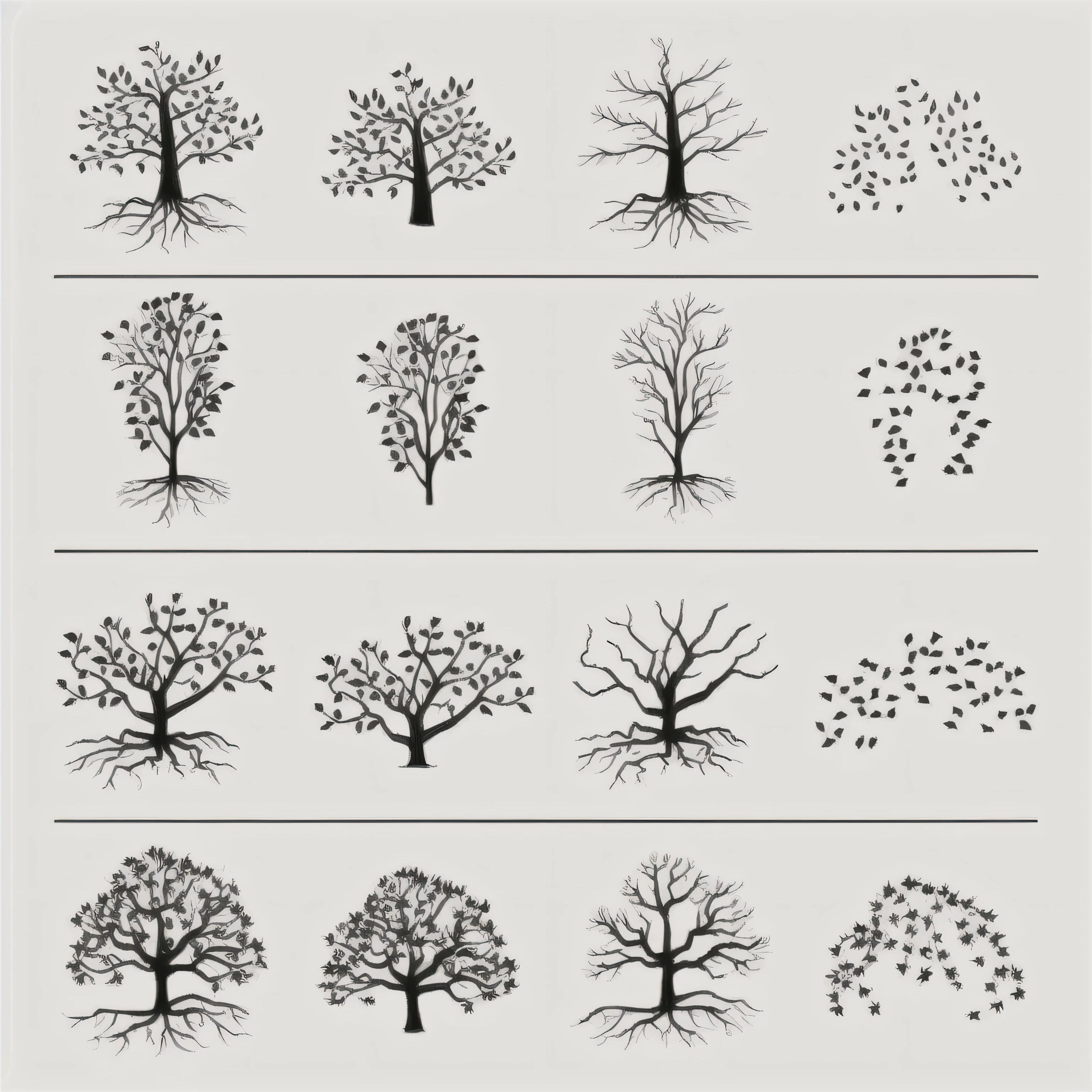 a set of nine different trees with leaves and branches, detailed trees, many trees, some trees, floating trees, trees growing on its body, sparse trees, trees with lots of leaves, lot of trees, ultra detailed trees, simple tree fractal, simple illustration, lots of trees, model trees, swaying trees, trees and bushes, detailed trees in bloom
