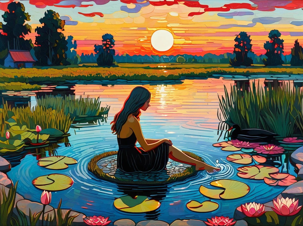  [top view] summer, 1 girl sitting on a stone washing her feet in a pond, oval pond with water lilies, black swan swimming in a pond, crimson sunset, Russian epic folklore,Russian nature, ((Ivan-Bilibin style)), aesthetics, Palette knife-oil painting, ((best quality, tmasterpiece)), (extreme detail), Impressionism: 0.1, 8K