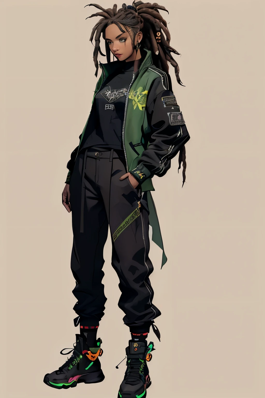 1 girl, ekko arcane hair, dreadlocks, ager, rock jacket, pants, black clothing, Brown hair, light background, full body, long hair, teen, tribal tattoo, colorful parts, sketchbook, hand drawn hand, symbols, dark , bold, realistic sketch, sketch, mixing dark lines and loose lines, bold lines, on paper, turn on character sheet, human woman, green eyes, full body, imposing pose, lots of details, stylish outfit, symbols, runes , dark theme , black shirt, beautiful, pretty, modest
