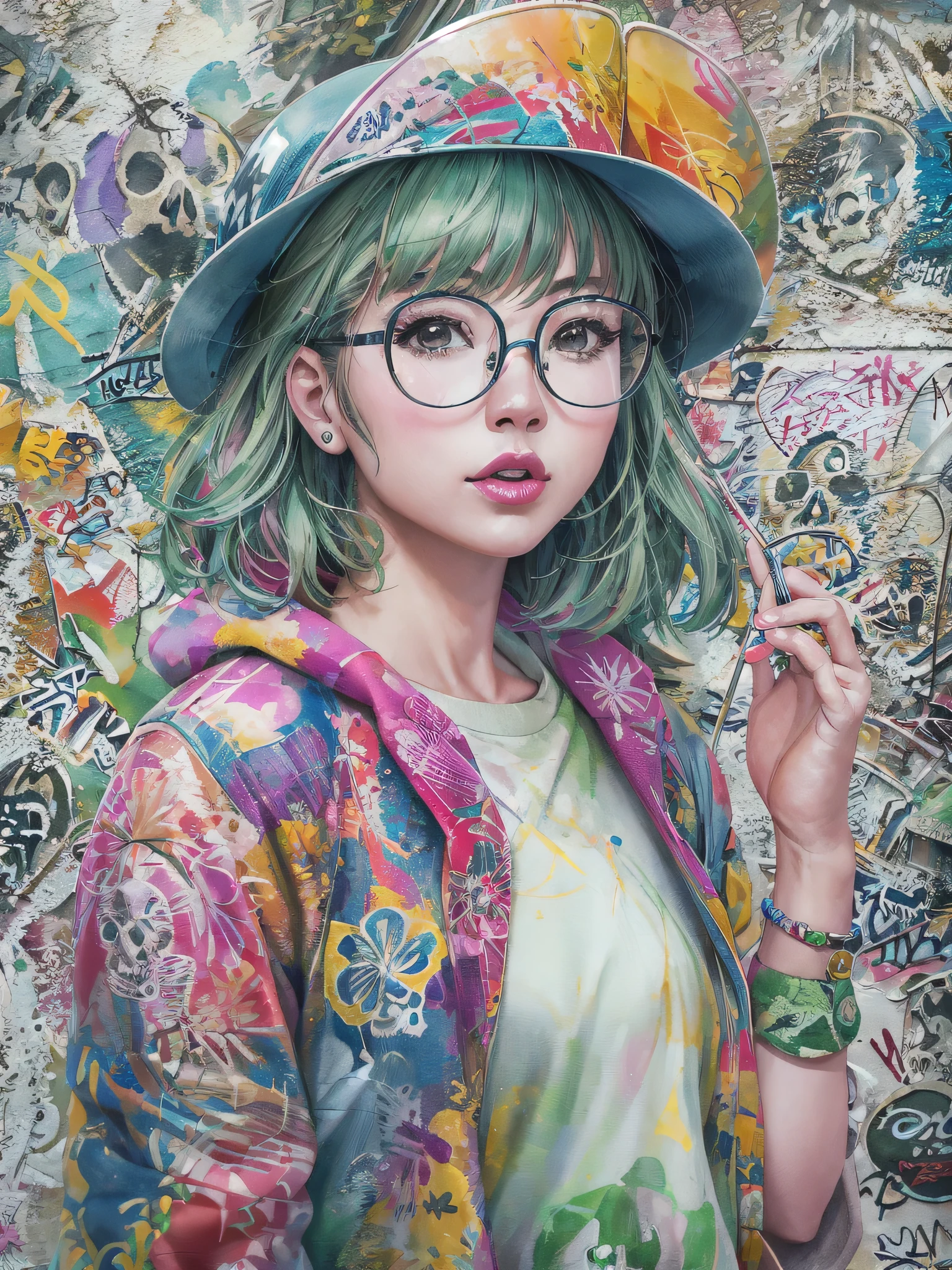 8K quality, watercolor painting, stylish design, (((The strongest beautiful girl of all time))), (((Japanese)))、Idol、clear, stylish glasses, Fashionable hats, (((highest quality))), bob hair, lips in love, HDR, ((Detailed details)), (((skull fashion))), detailed clothing texture, (((graffiti art))), colorful hair, ((masterpiece))、((Super detailed))