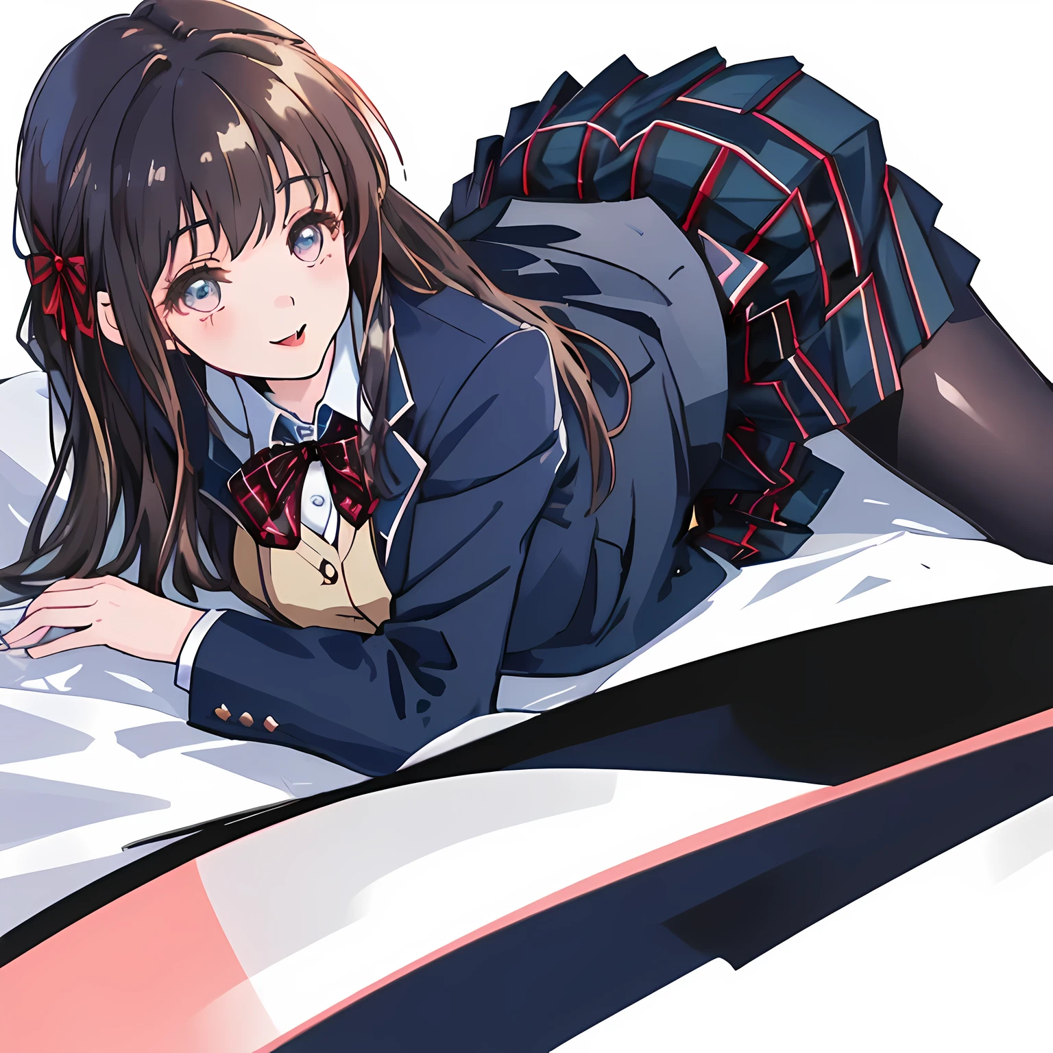 highest quality, (masterpiece:1.2), High resolution, perfect pixel, A very beautiful woman is lying on the bed, , ((detailed eyes)), ((girly large wine-red glossy polyester Japanese school ribbon bow tie)), (((long beautiful wavy hair))), ((((dark blue & deep navy colored tartan checkered long skirt)))), ((A formal dark blue blazer that is slightly larger and has a gold emblem on the left chest that feels like the texture of the cloth.)), Watching the viewer and laughing, Very fun, Very happy, mouth is open, the skirt is so cute, detailed fingers, modest chest, curled bangs, Lip balm, The background is a black bed in a night room, Beautiful down to the tips of her legs, I want to be intricately intertwined., I want to hug you, checkered comforter, checkered bed sheet, cute long ribbons on the bed, long eyelashes, (Skirt and bow tie is realistic), (background is realistic)