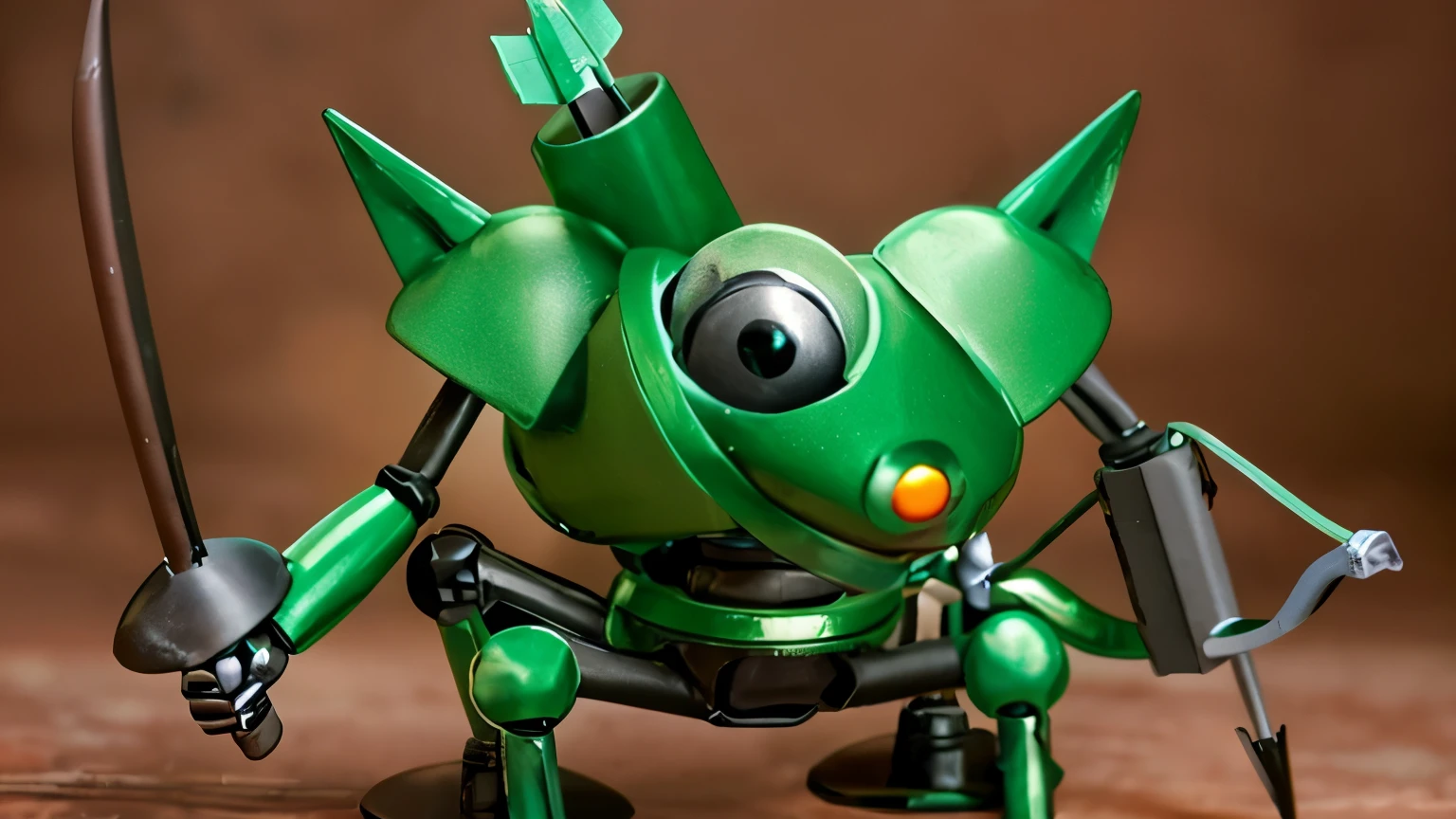 a close up of a robot with a bow and arrow, cute elaborate epic robot, pirate robot, ver.ka mecha machinarium, futuristic robot devil, konami mecha, action figure mecha, dragon quest, video game character, robot model kit, robot pirate, bomberman, evil robot, a robot, robot warrior, antilous chao