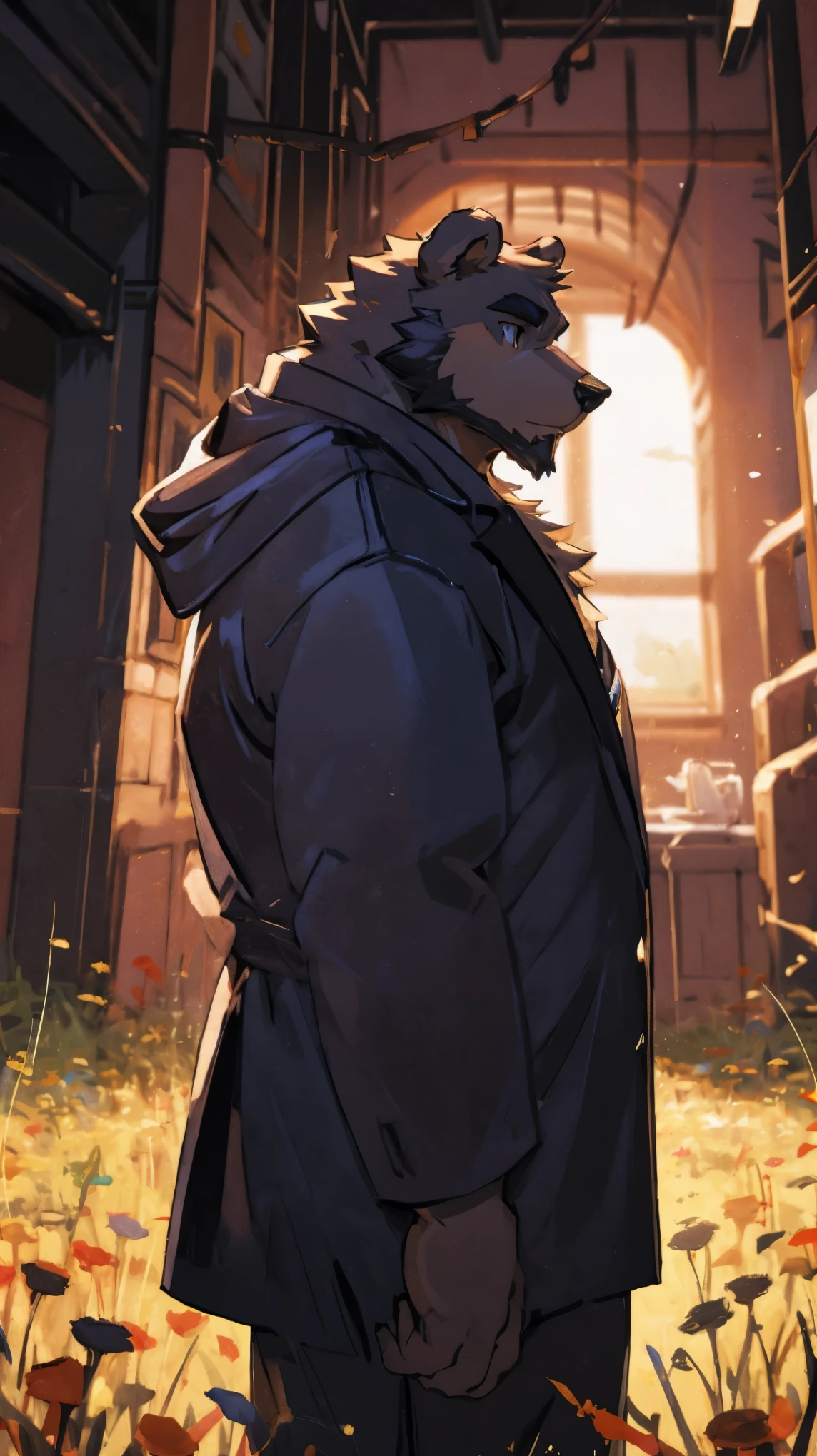 (masterpiece:1.2), best quality,pixiv,official art,perfect anatomy, (Ray tracing, light),solo, (1_male:1.3) , (muscle), (gray fur:1.4), (muscle bear), (beard:1.2), (gleaming golden eyes), Thick eyebrows, open hoodie,cargo shorts ,Brown boots, portrait, morning, flower field