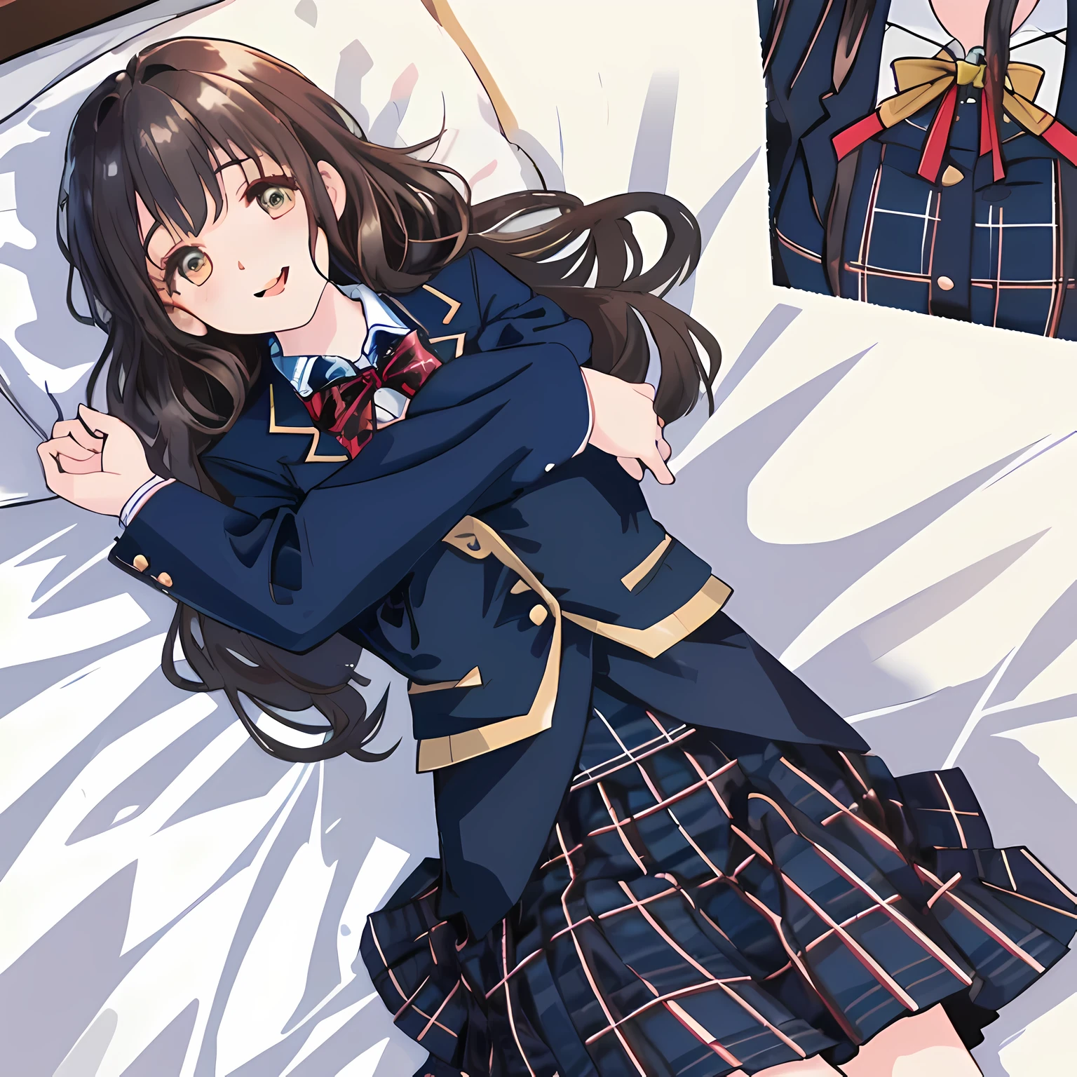 highest quality, (masterpiece:1.2), High resolution, perfect pixel, A very beautiful woman is lying on the bed, 16 years old, ((detailed eyes)), ((girly large wine-red glossy polyester Japanese school ribbon bow tie)), (((long beautiful wavy hair))), ((((dark blue & deep navy colored tartan checkered long skirt)))), ((A formal dark blue blazer that is slightly larger and has a gold emblem on the left chest that feels like the texture of the cloth.)), Watching the viewer and laughing, Very fun, Very happy, mouth is open, the skirt is so cute, detailed fingers, modest chest, curled bangs, Lip balm, The background is a black bed in a night room, Beautiful down to the tips of her legs, I want to be intricately intertwined., I want to hug you, checkered comforter, checkered bed sheet, cute long ribbons on the bed, long eyelashes, (Skirt and bow tie is realistic), (background is realistic)