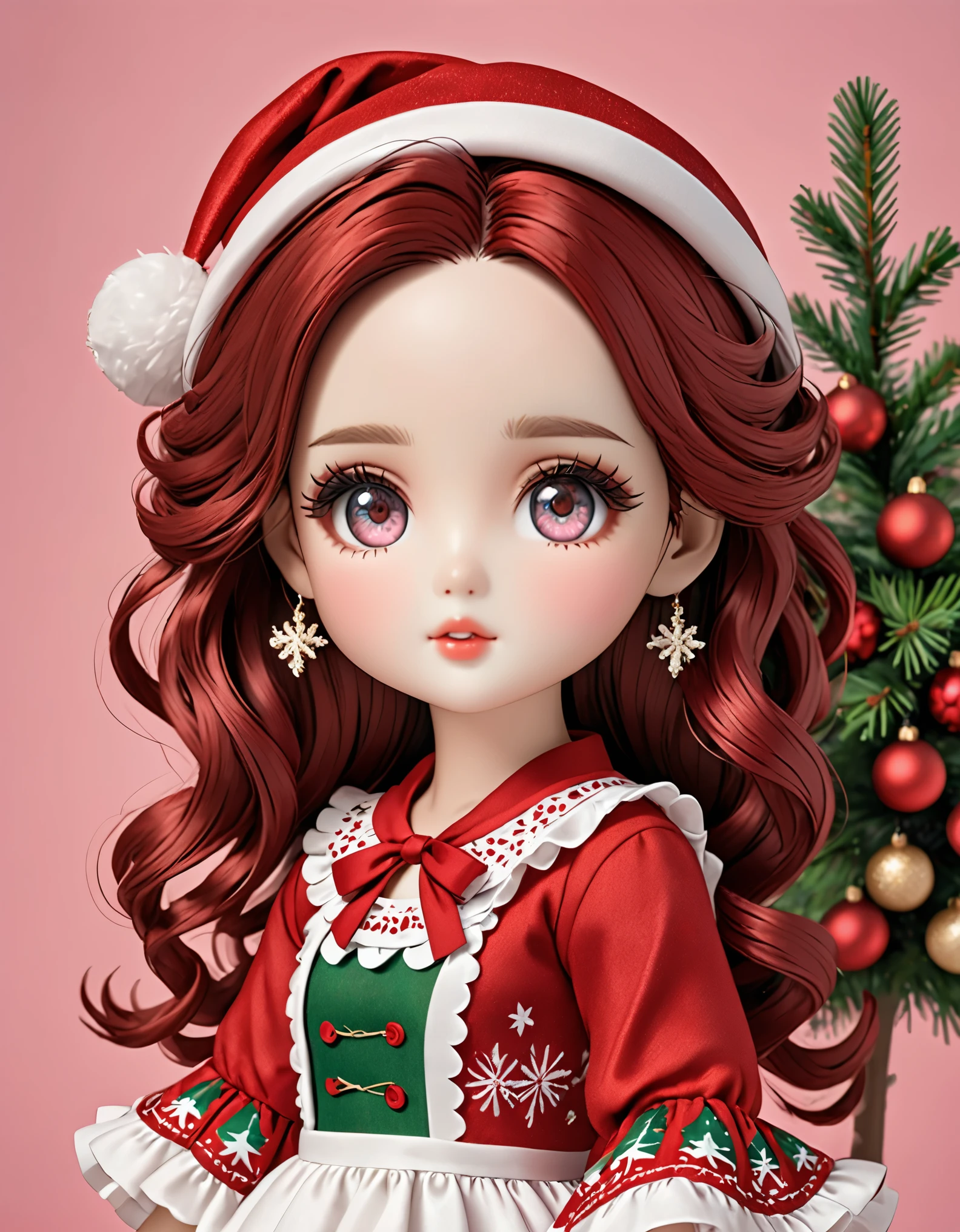 Create a series of chibi style dolls with a cute Christmas theme, each with lots of detail and in an 8K resolution. All dolls should follow the same solid background pattern and be complete in the image, mostrando o (corpo inteiro, incluindo as pernas: 1.5)
Boneca Natal: Chame-a de Bella. Ela deve ter cabelo longo e cacheado em tons pastel, amarrado em duas marias-chiquinhas. Seus olhos devem ser grandes e brilhantes, with long eyelashes and rosy cheeks. Bella deve estar vestida com um vestido delicado e longo, com avental estampado e saia longa rodada. She should wear a hat and have Christmas accessories on hand, while in the other has nothing. Don't forget the details, com detalhes coloridos e enfeites encantadores, sapato bonito
Certifique-se de adicionar sombras, texturas e detalhes nos cabelos, roupas, Cute accessories of each doll, to make them even more adorable and charming.