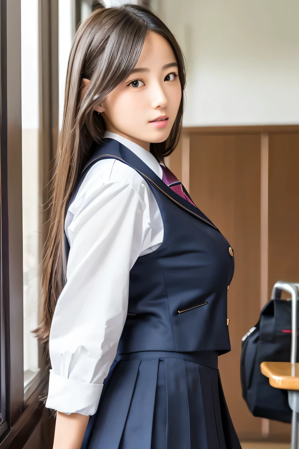 1 girl, beautiful, cute, professional lighting, highest quality,well-groomed face,(school uniform,:1.5), beautiful,long hair,from side,(big breasts:1.3), school,