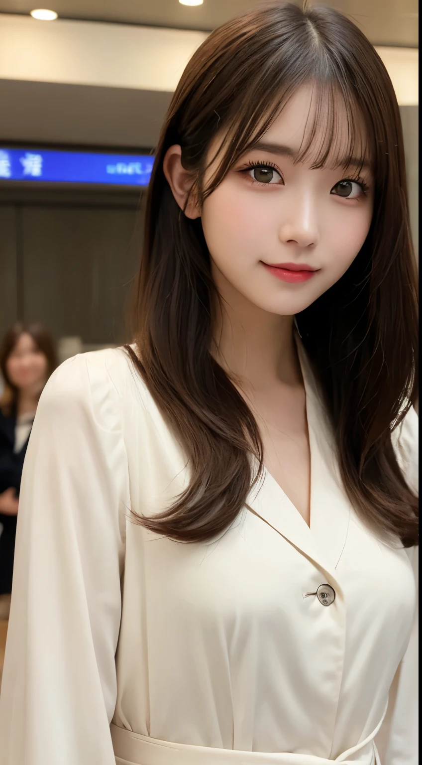 beauty secretary、office、Woman looking back、Woman looking up、Fluffy jacket、（Brown Eyes、Double eyelids、Sparkling Eyes、Very beautifully detailed eyes）、White suit、White short tight skirt、Cleavage（Very large breasts、Very thin and long legs、Perfect figure、High heels、whole body、smile）、1 female、No makeup、Age 25、（masterpiece、8K,RAW Photos、High resolution:1.4）、window

