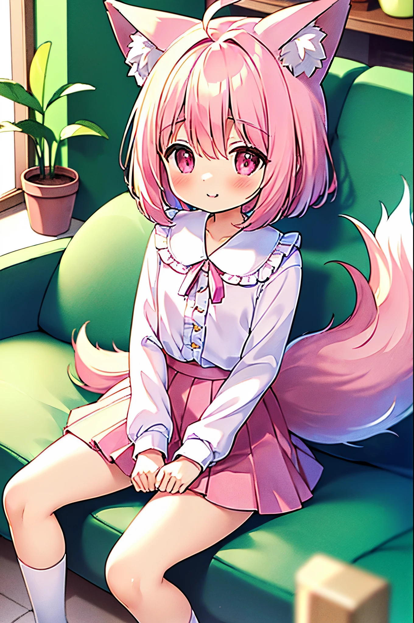 (((masterpiece))), (((最high quality))), (((high quality))), (((beautiful))), (((8K))), (((High resolution)) (((超High resolution))), (((High resolution))), (pink short hair:1.3), (Pink fox tail:1.4), (Pink fox tail:1.2), pink fox ears and white tips, (pink eyes), (theme color pink:1.4), small breasts, (wear a pink blouse:1.5), (white pleated skirt with ruffles:1.4), (cowboy shot:1.3), (laughing), (living room:1.4), (sitting on the sofa:1.4), (flower pot:1.4)