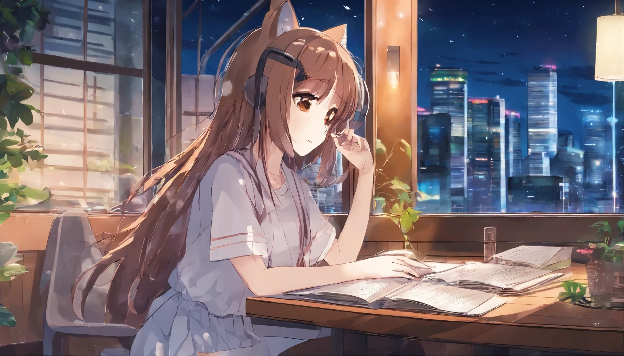 Beautiful innocent girl,studying,machine,books and stationery,I'm wearing headphones,listen to music,Cafe, coffee table and large window, Windows with curtains,cat relaxing by the window,retro color,soft lighting,night,it's raining outside,interior background art,anime style,city pop
