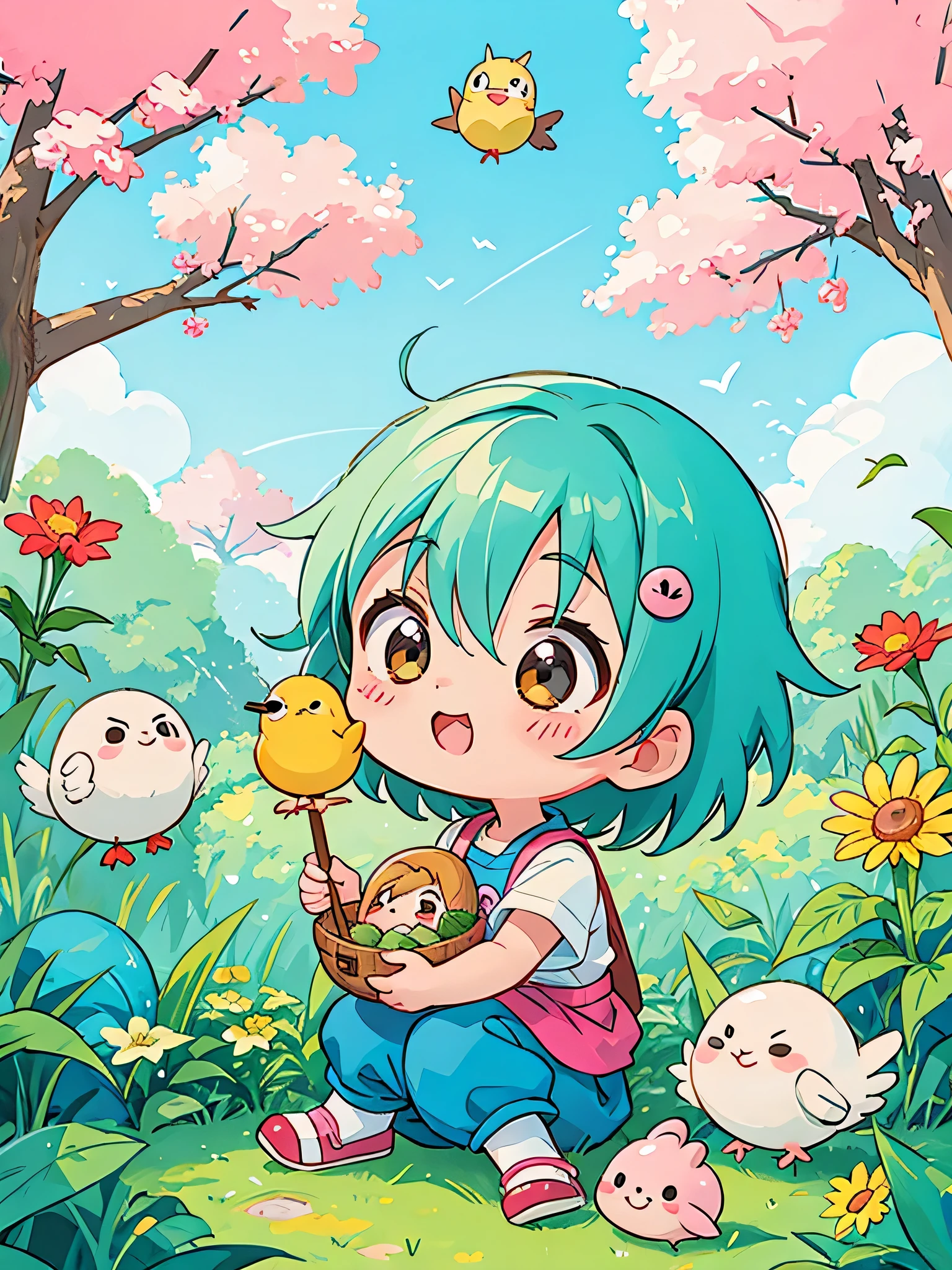 akira toriyama style, Kawaii Design, most beautiful girl ever、Chibi, beautiful spring afternoon、birdie