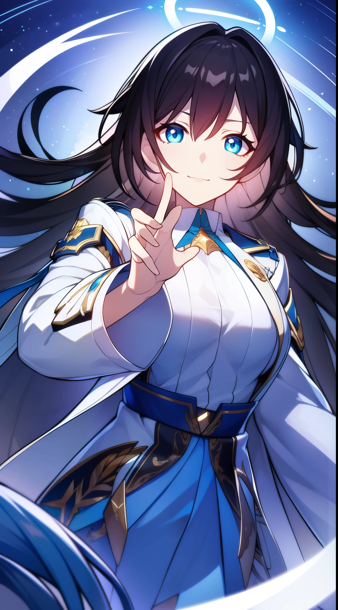 dr. amaurokara, long hair, black hair, cyan eyes, white pharmacist coat, cyan halo above, standing, visual novel cg style, smiling, BREAK looking at viewer, BREAK (masterpiece:1.2), best quality, high resolution, unity 8k wallpaper, (illustration:0.8), (beautiful detailed eyes:1.6), extremely detailed face, perfect lighting, extremely detailed CG, (perfect hands, perfect anatomy)