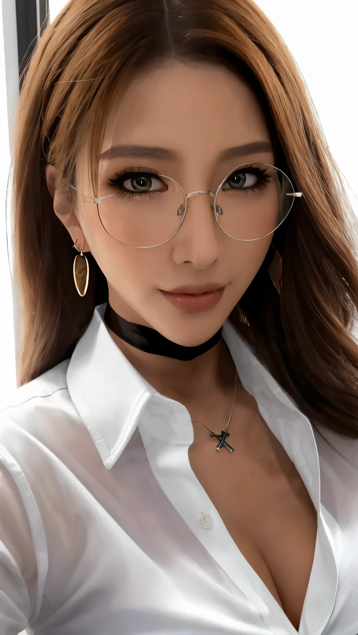 (masterpiece),(best quality),(ultra highres),(8k resolution),(realistic),(ultra detailed),(sharp focus),(RAW photo),
1girl,good hand,(long hair),(wavy hair),(hair over one eye),glasses,(choker),(cross necklace),(earrings),(sapphire eyes),(nearly torn white shirt:1.6),(ahegao),(blush:0.5),