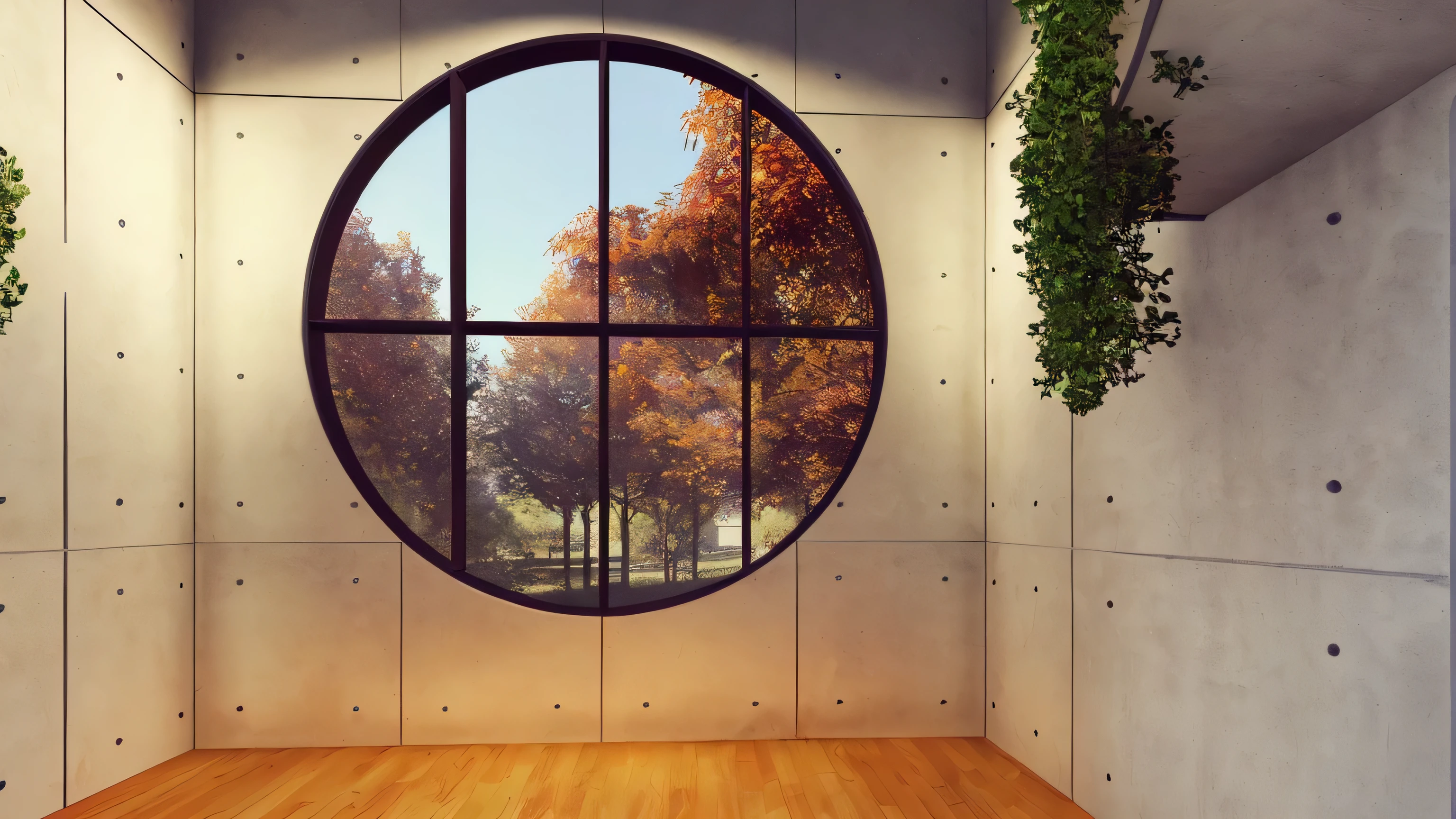 there is a round window in a room with a wooden floor, large round window, round window, circular windows, round windows, 80s interior with arched windows, large glass windows, big window, 70s interior with arched windows, round mirror on the wall, space seen outside from a window, large window, interior architecture view