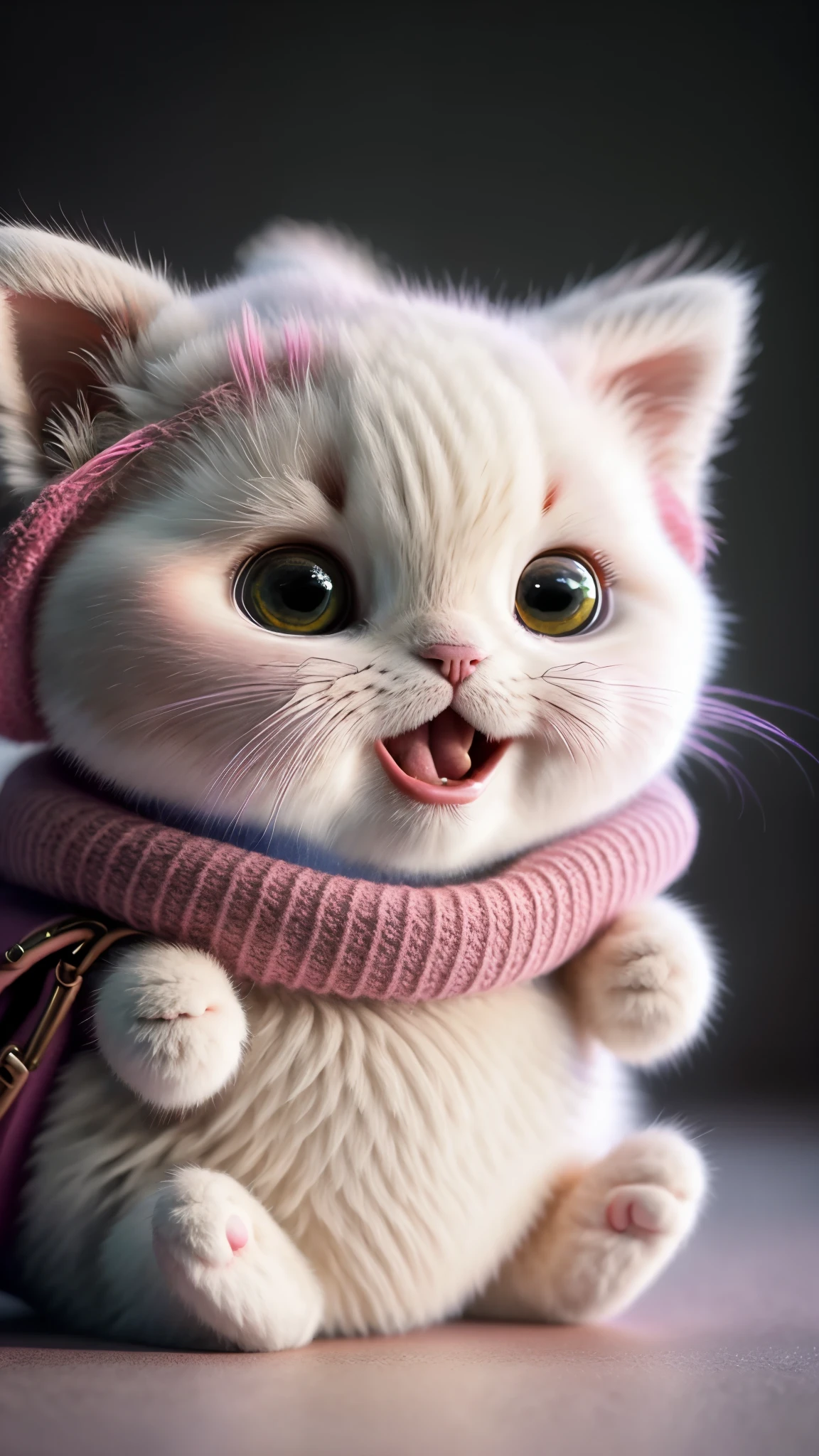 cat, pink, fairytail, garfield, no_humans, depth of field, disney style, wearing DRK_Glam, deep shadow, (8k, RAW photo, best quality, masterpiece: 1.2), big expression happy with open mouth,